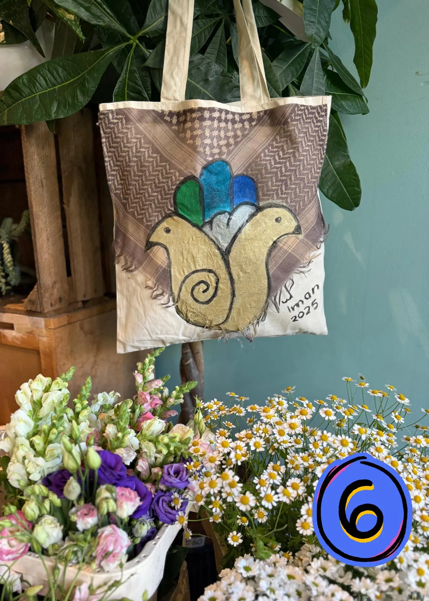 Eco Canvas Tote Shoulder Bag Handmade Arabic Art Cotton Shopper Textile Painted Iraq Heritage Design Palm Trees Keffiyeh Sustainable Pouch - image 4
