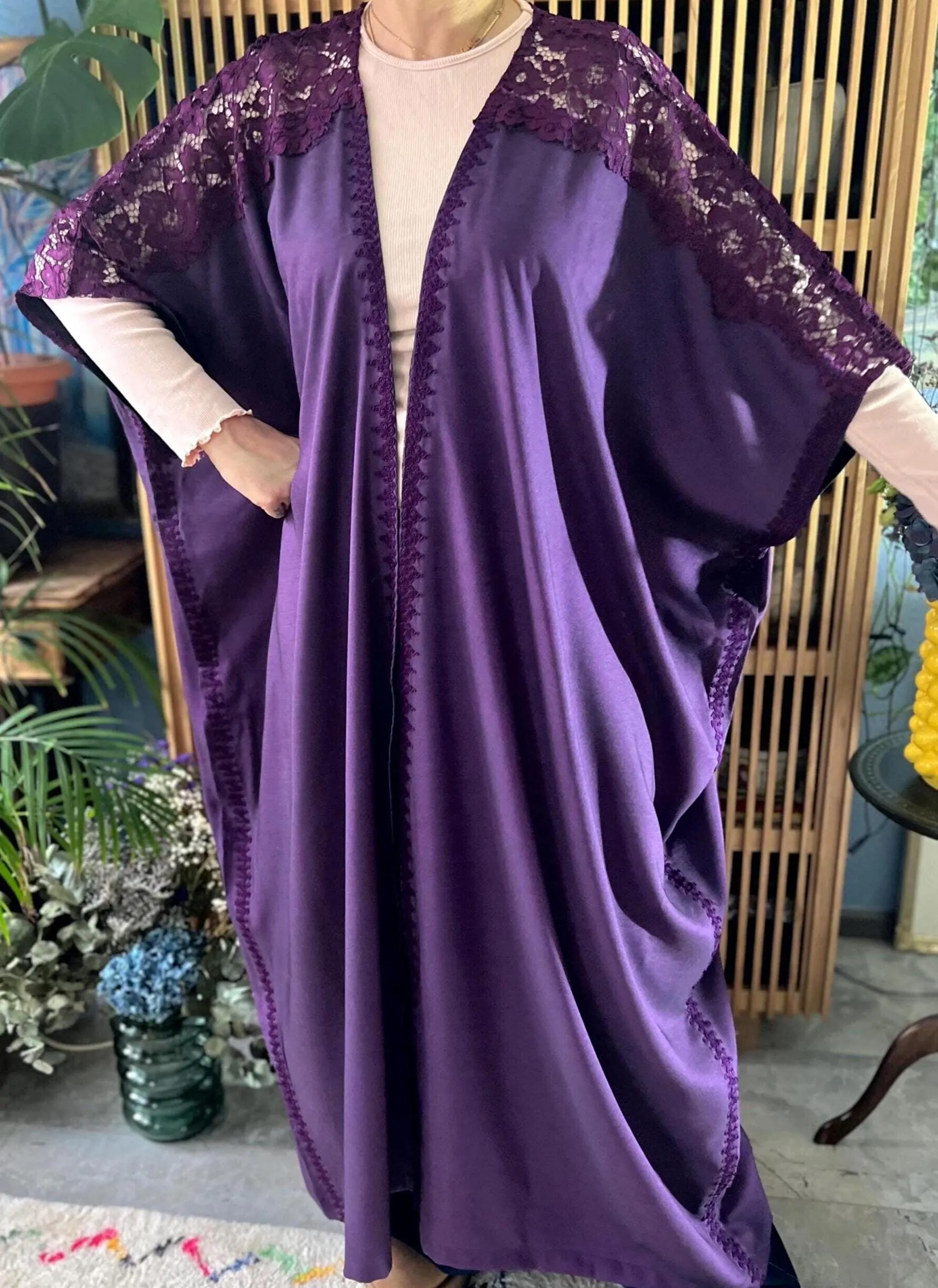 Purple Handmade Cotton Blend Abaya Waistcoat Tunic Kaftan Floral Lace Sleeve Kimono Modest Maxi Dress Arabic Jalabiya Elegant Occasion Wear