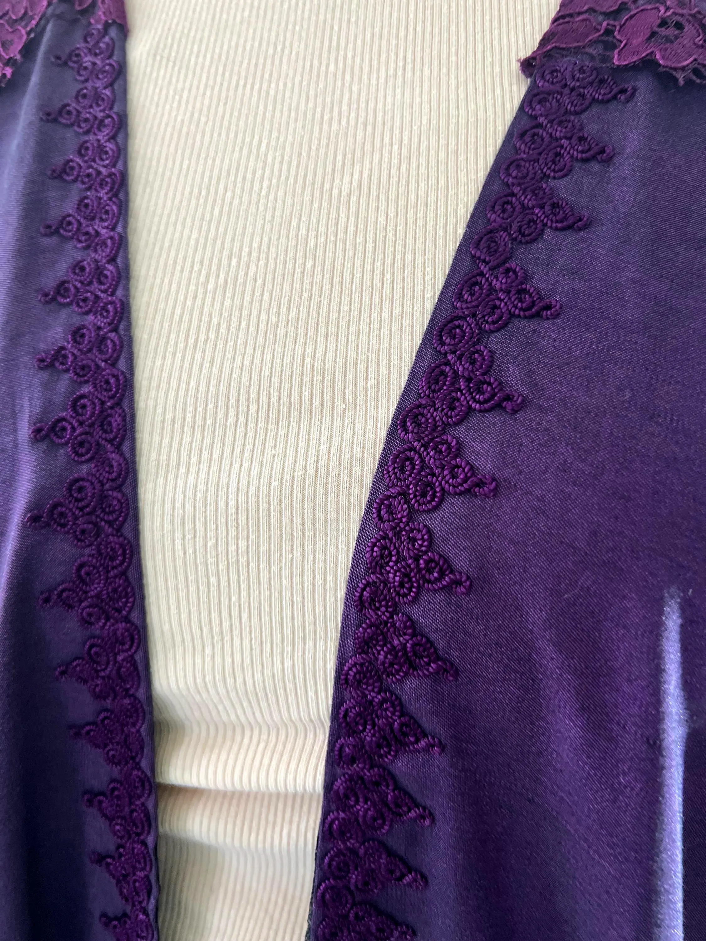 Purple Handmade Cotton Blend Abaya Waistcoat Tunic Kaftan Floral Lace Sleeve Kimono Modest Maxi Dress Arabic Jalabiya Elegant Occasion Wear - image 2