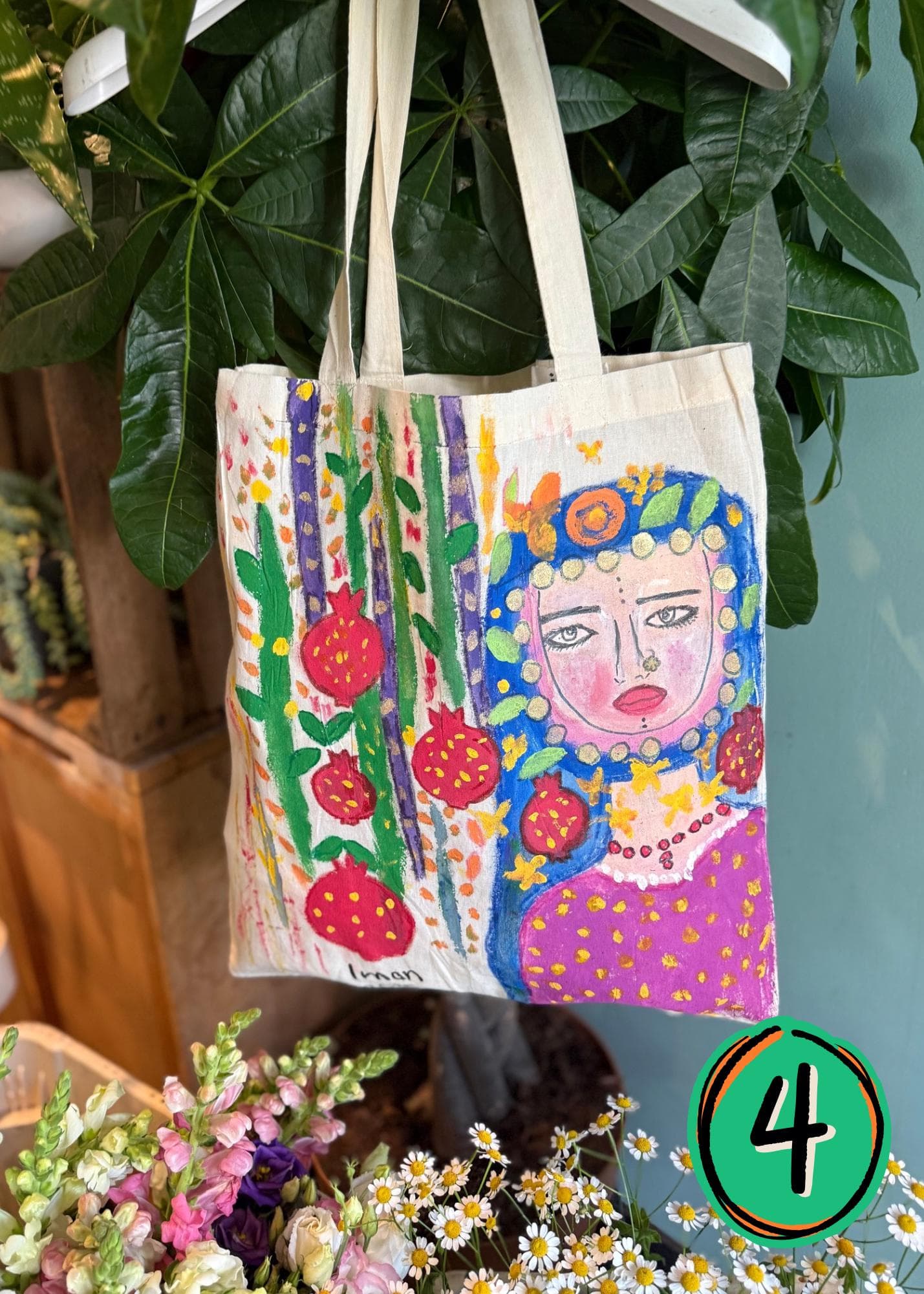 Eco Canvas Tote Shoulder Bag Handmade Arabic Art Cotton Shopper Textile Painted Iraq Heritage Design Palm Trees Keffiyeh Sustainable Pouch - image 3