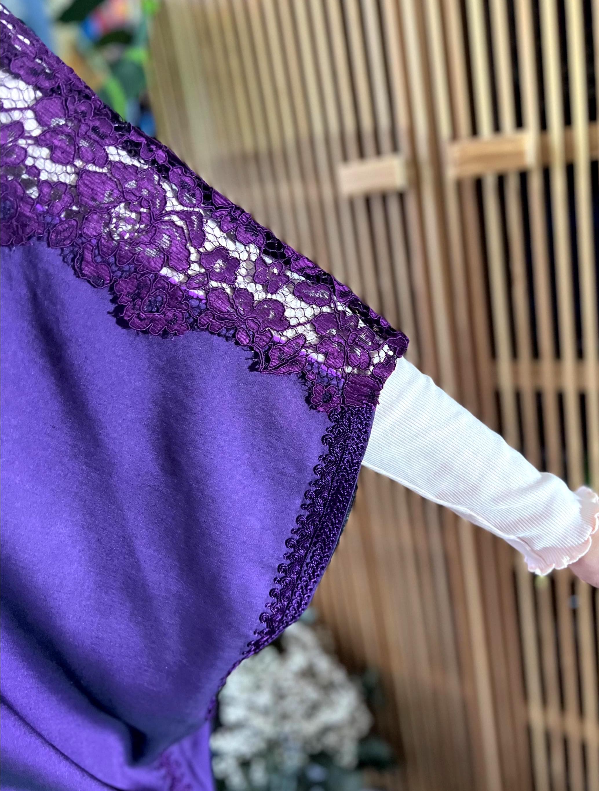 Purple Handmade Cotton Blend Abaya Waistcoat Tunic Kaftan Floral Lace Sleeve Kimono Modest Maxi Dress Arabic Jalabiya Elegant Occasion Wear - image 5