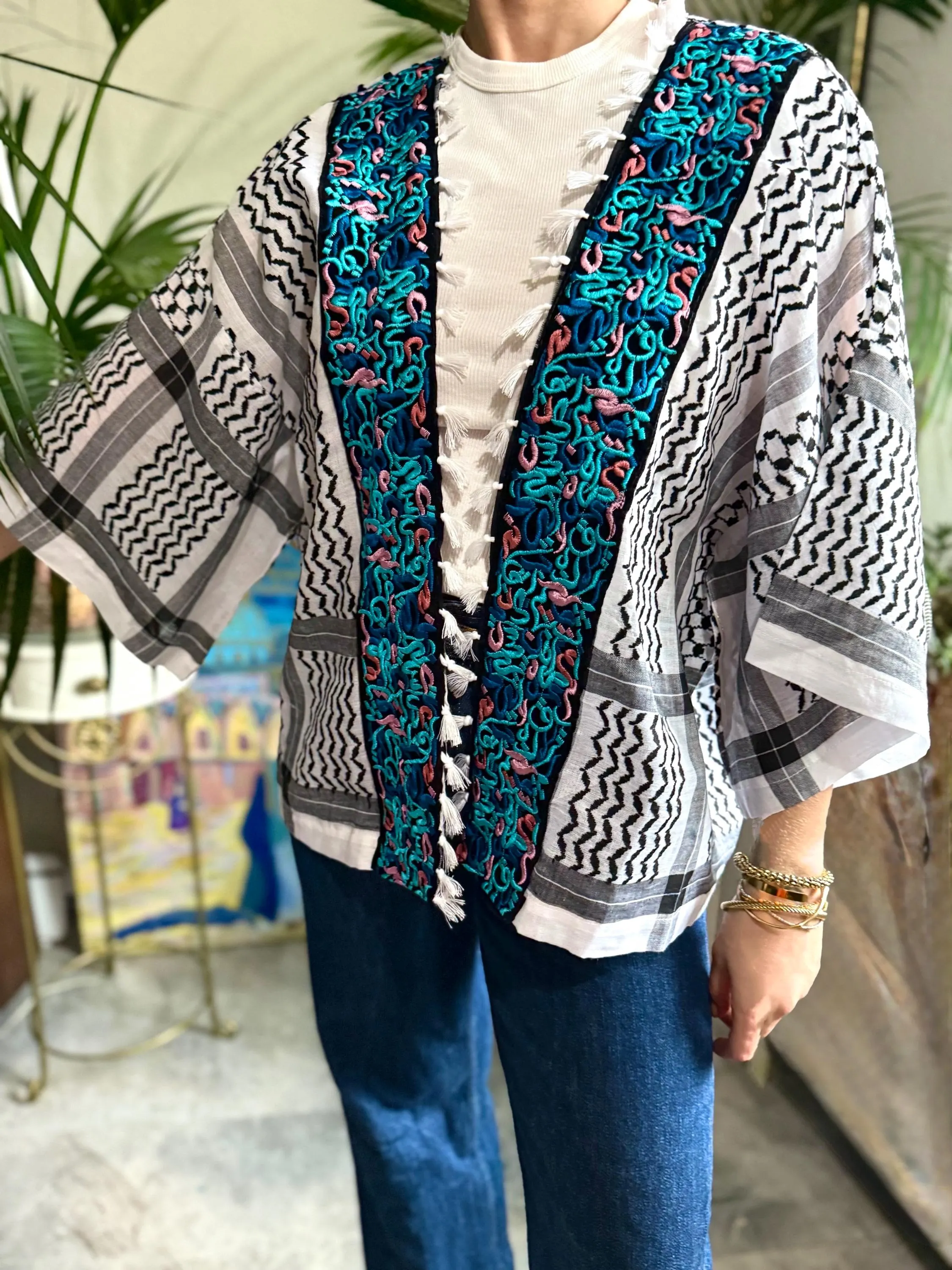 Cotton Handmade Keffiyeh Shemagh Short Jacket Tunic Kimono Blazer Arabic Calligraphy Embroidery Patchwork Boho Modest Layer Festival Unisex - image 4