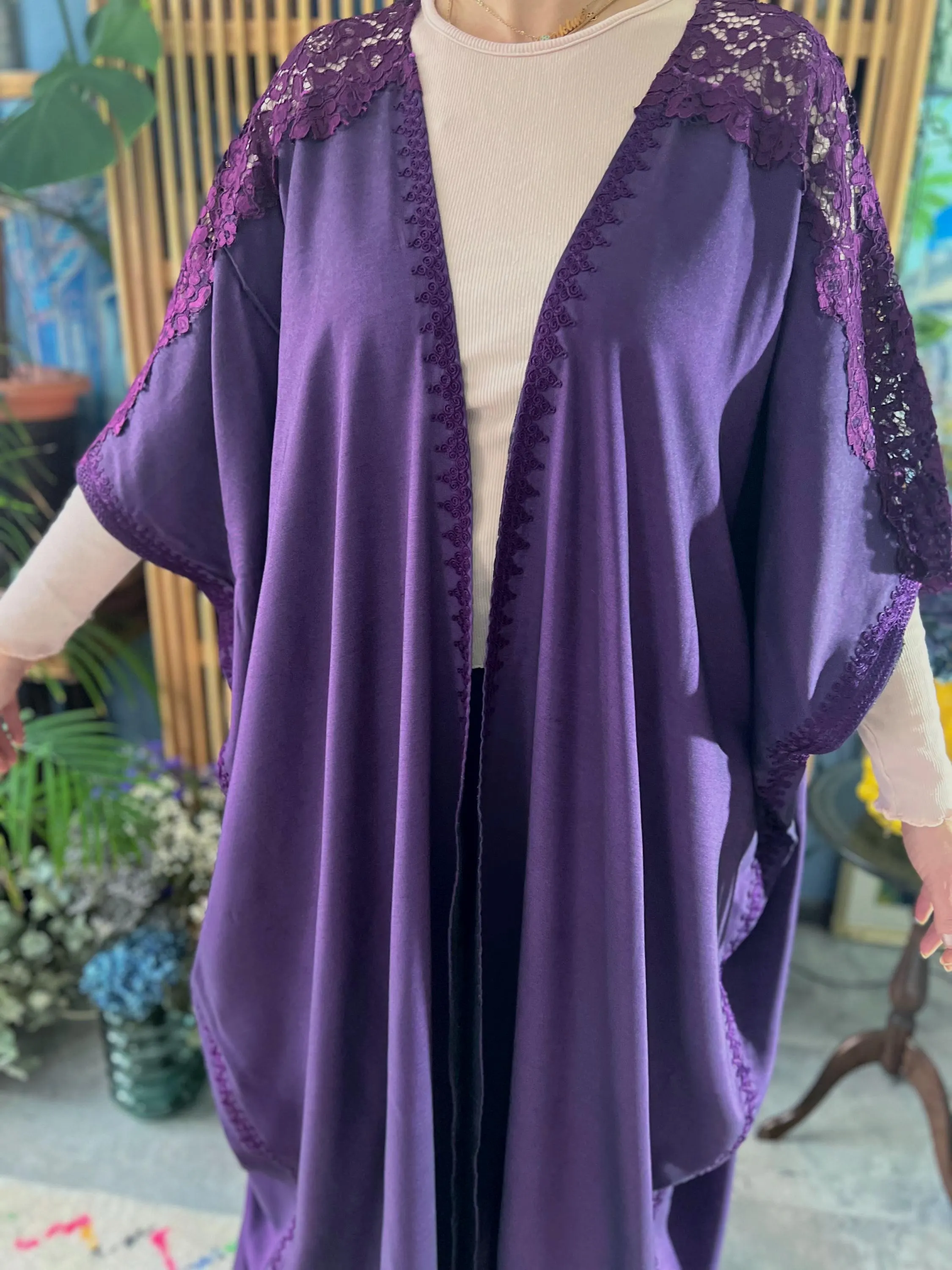 Purple Handmade Cotton Blend Abaya Waistcoat Tunic Kaftan Floral Lace Sleeve Kimono Modest Maxi Dress Arabic Jalabiya Elegant Occasion Wear - image 3