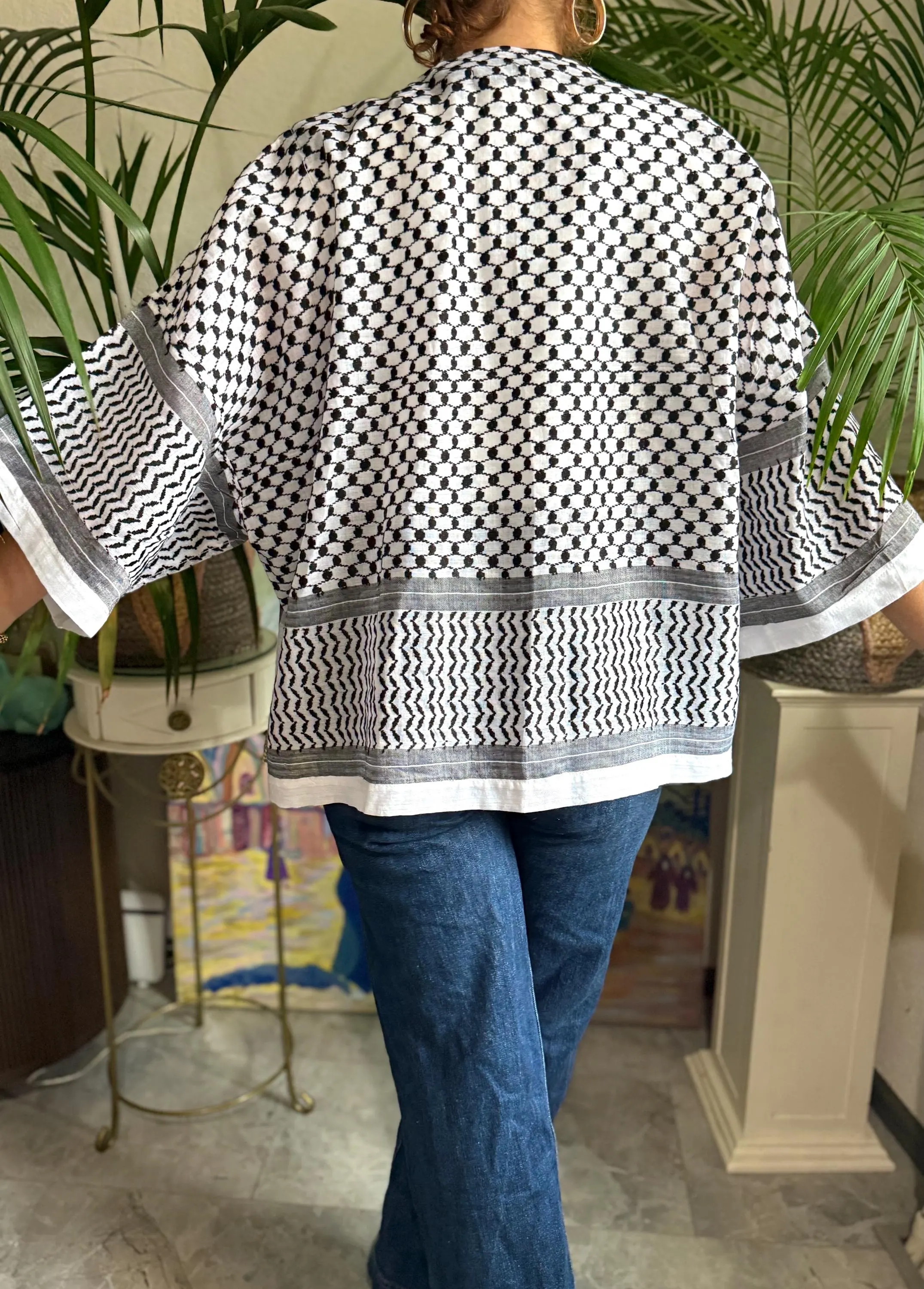 Cotton Handmade Keffiyeh Shemagh Short Jacket Tunic Kimono Blazer Arabic Calligraphy Embroidery Patchwork Boho Modest Layer Festival Unisex - image 5