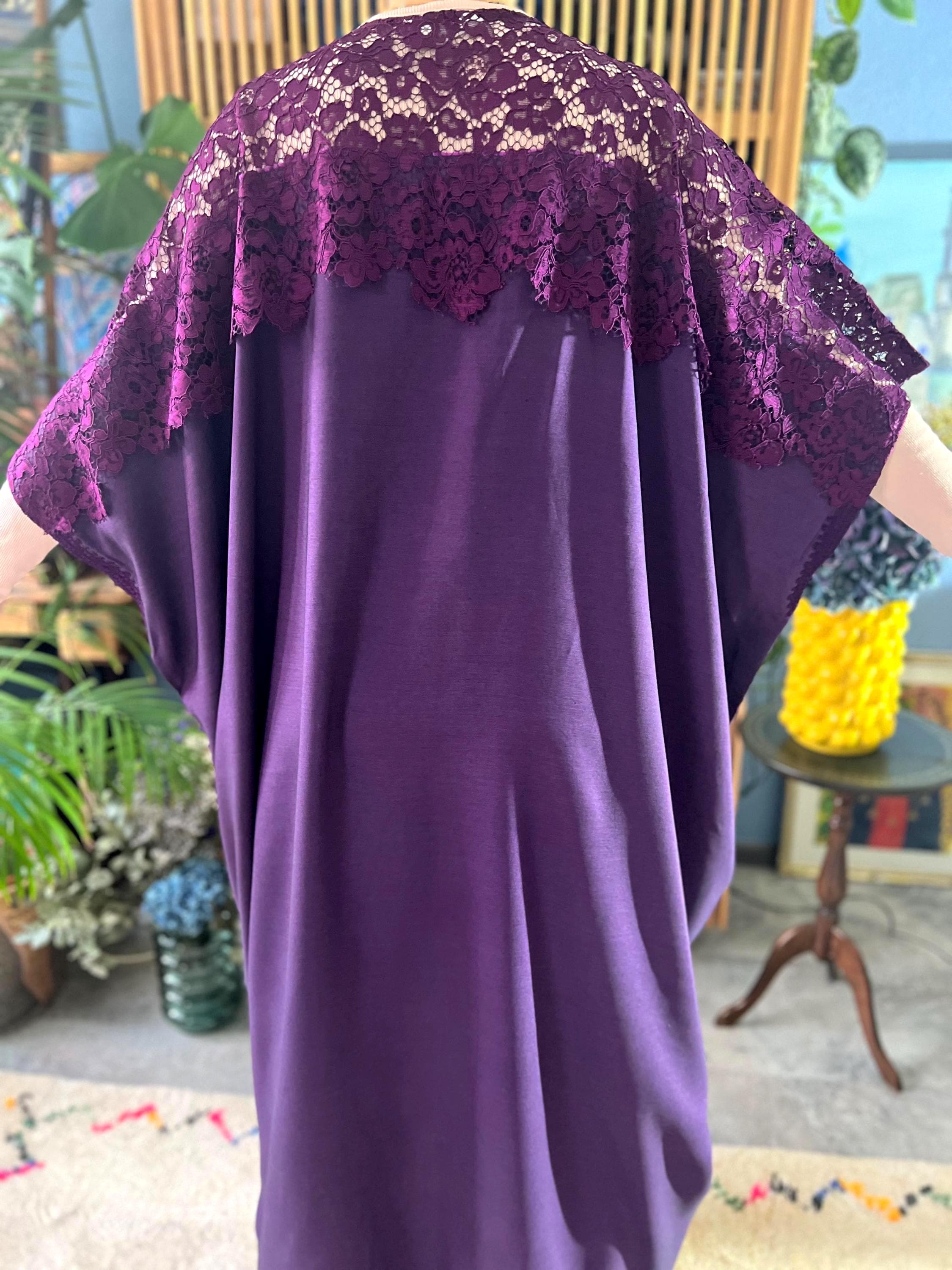 Purple Handmade Cotton Blend Abaya Waistcoat Tunic Kaftan Floral Lace Sleeve Kimono Modest Maxi Dress Arabic Jalabiya Elegant Occasion Wear - image 4