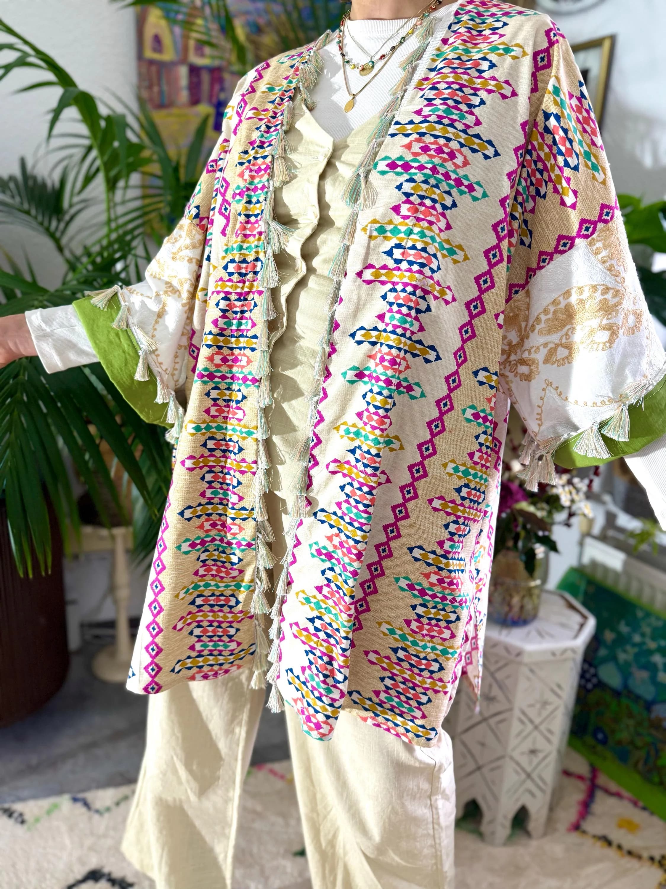 Colorful Embroidered Cotton Abaya Jacket Gilet Blazer Pastel Tassels Arabic Boho Kimono Hippy Festival Waistcoat Artisan Handmade Clothing