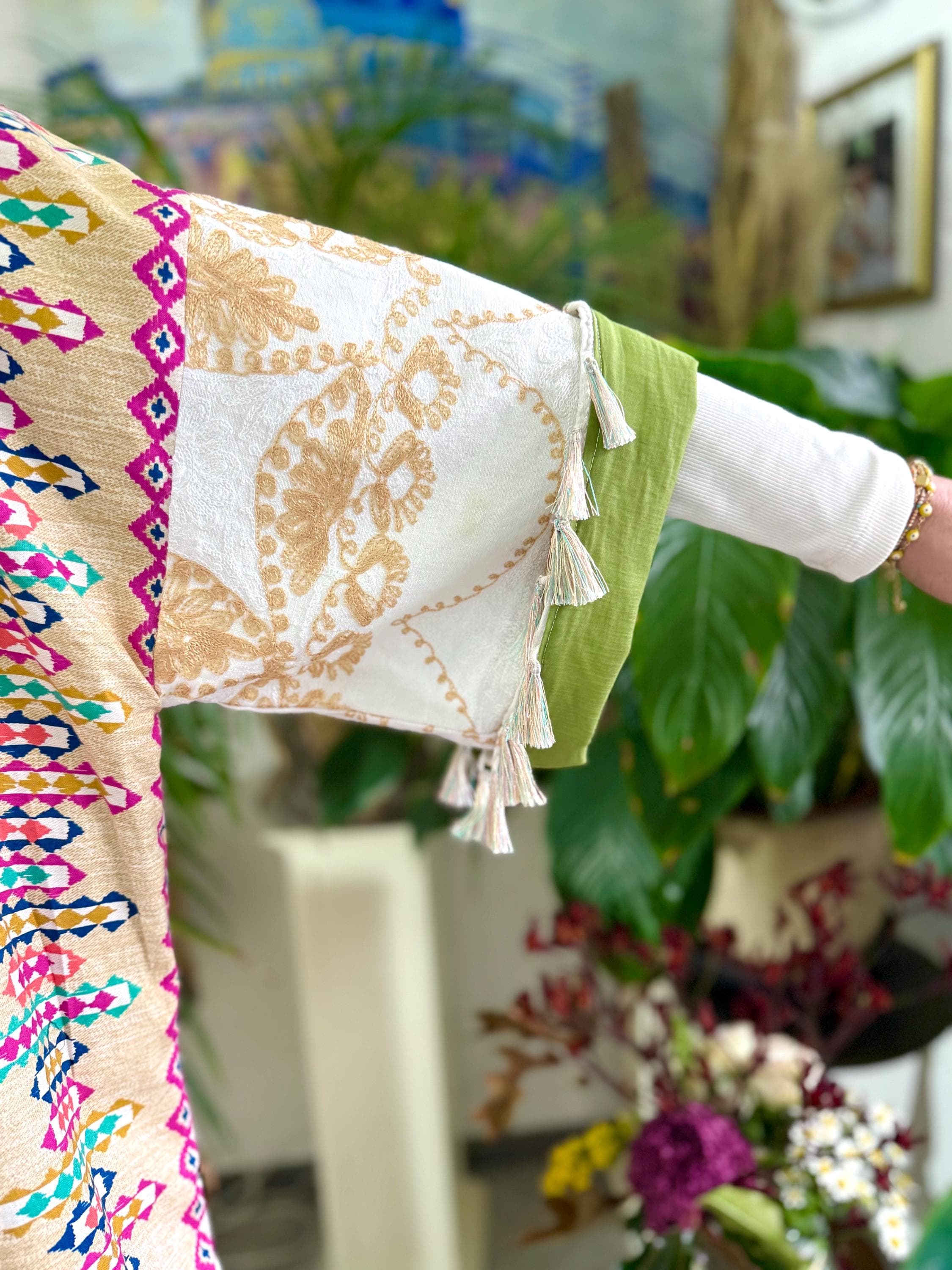 Colorful Embroidered Cotton Abaya Jacket Gilet Blazer Pastel Tassels Arabic Boho Kimono Hippy Festival Waistcoat Artisan Handmade Clothing - image 4