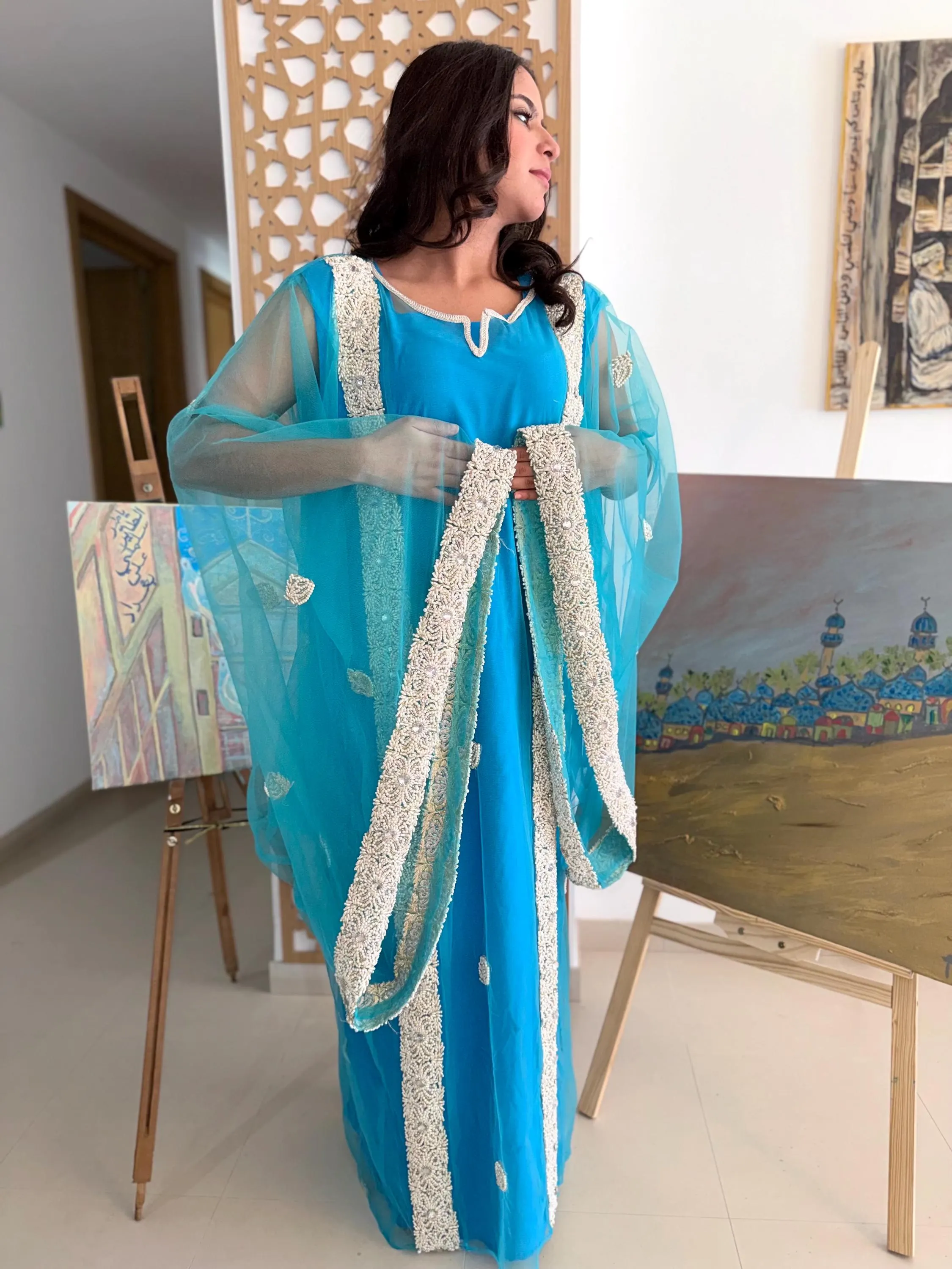Modest Iraqi Hashmi Dress Kaftan Handmade Turquoise Chiffon Lace Pearl Embroidery Heritage Luxury Arabic Formal Eid Wedding Henna Occasion - image 3