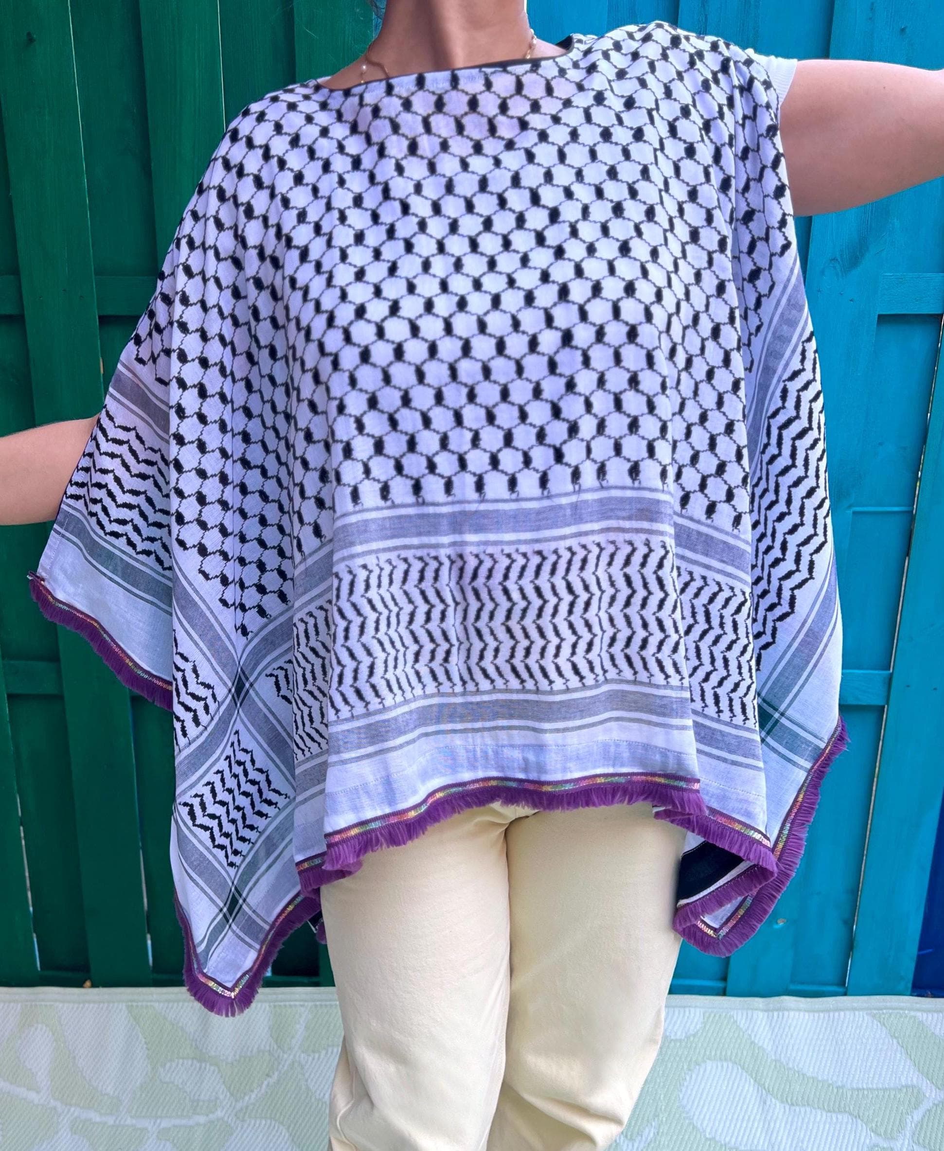 Cape Poncho Top Shirt Blouse Parka Cape Arabic Print Iraqi Pattern Keffiyeh Shemagh Rainbow Lace Embroidery Ruffles Tassel Beads Details Art - image 3