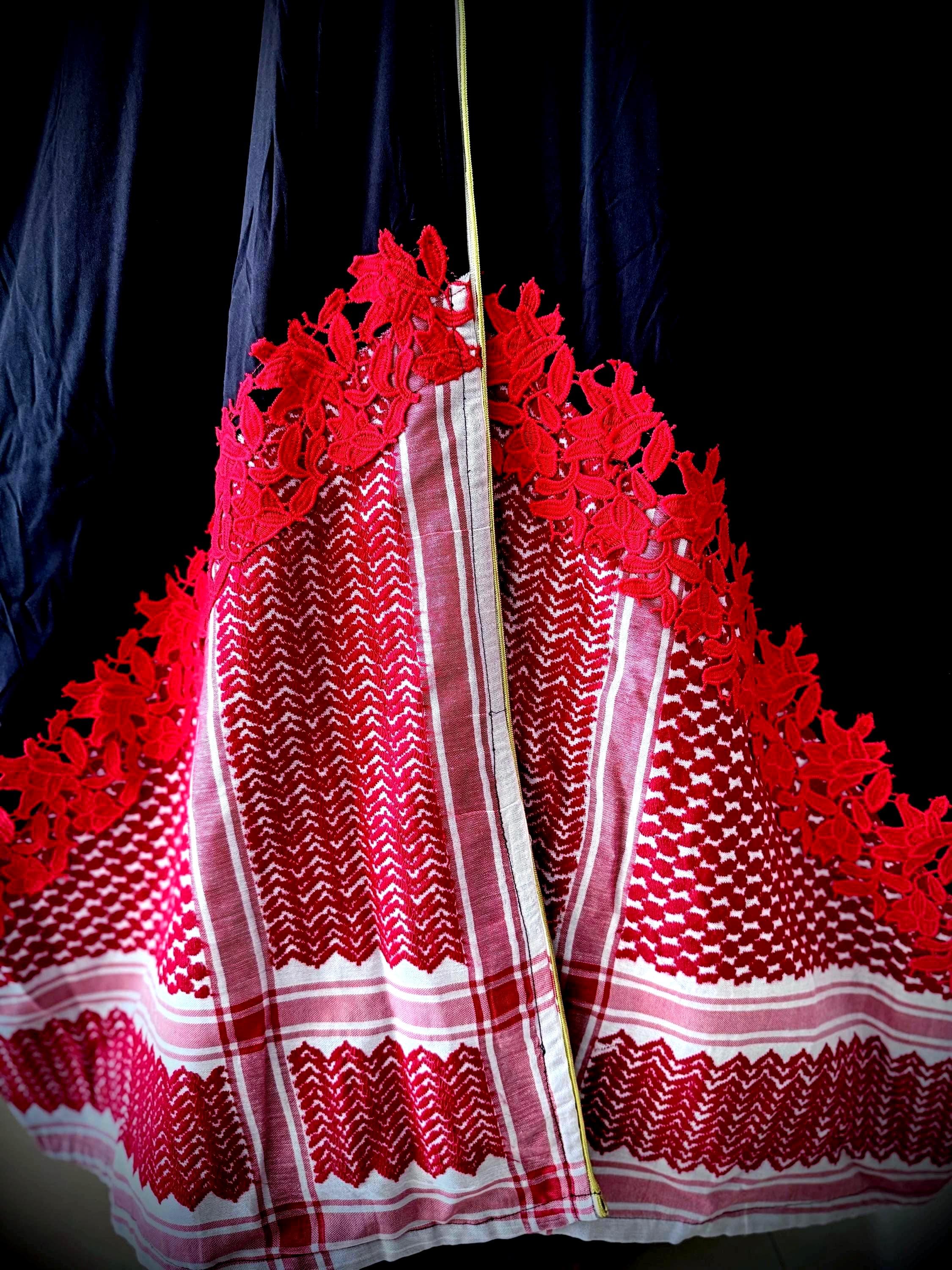 Patchwork Keffiyeh Shemagh Abaya Handmade Modest Fashion Kaftan Flowing Abaya Red Floral Embroidery Trim Heritage Arab Modest Luxury Details - image 4