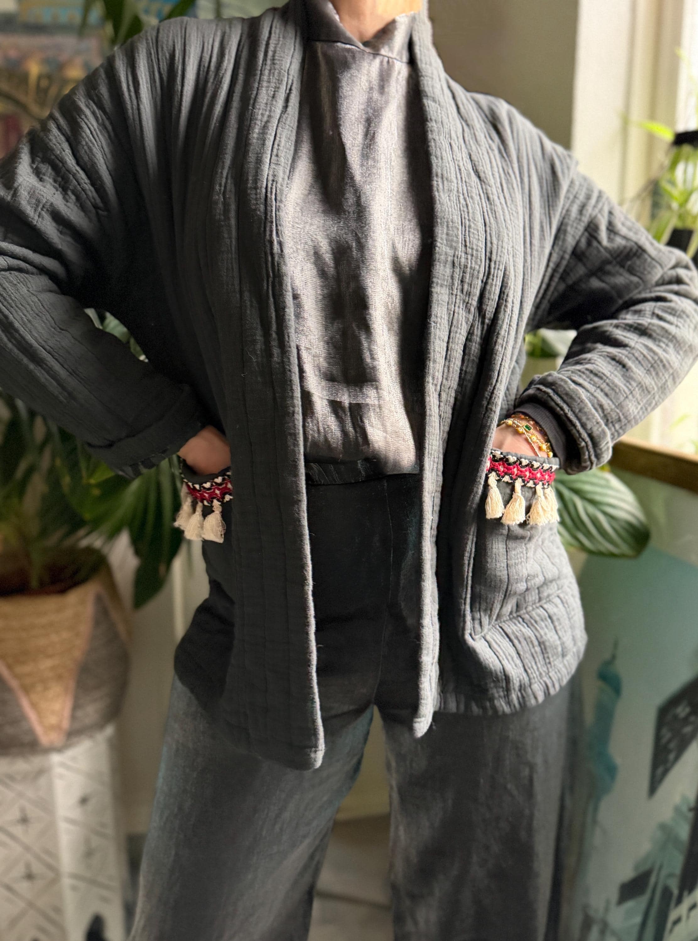 Handmade Cotton Jacket Blazer Cardigan Waistcoat Gilet Modest Embroidered Fringes Layering Coat Outerwear Bohemian Hippy Kimono Abaya Tribal