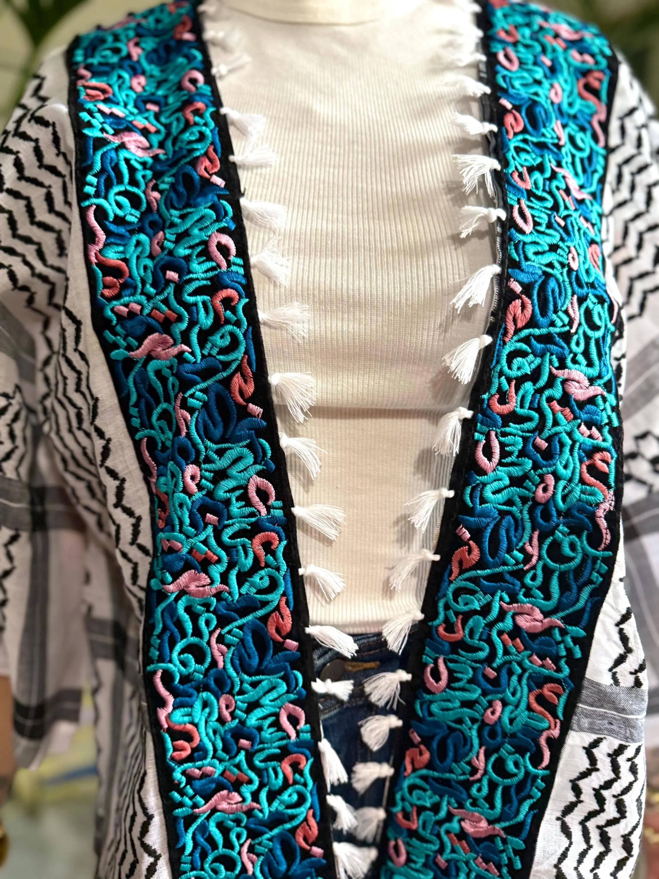 Cotton Handmade Keffiyeh Shemagh Short Jacket Tunic Kimono Blazer Arabic Calligraphy Embroidery Patchwork Boho Modest Layer Festival Unisex - image 3