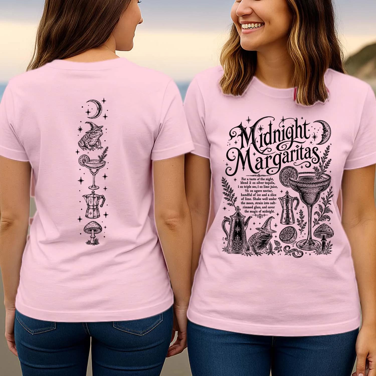 Midnight Margaritas Front Back Print Cocktail Recipe Frog Witch Hat Halloween T-Shirt T-1789-FB - image 5