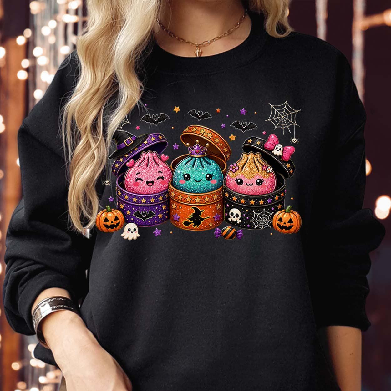 Kawaii Halloween Dumpling Glitter Dim Sum Witch Hat Spooky Jumper SWEATSHIRT S-1753