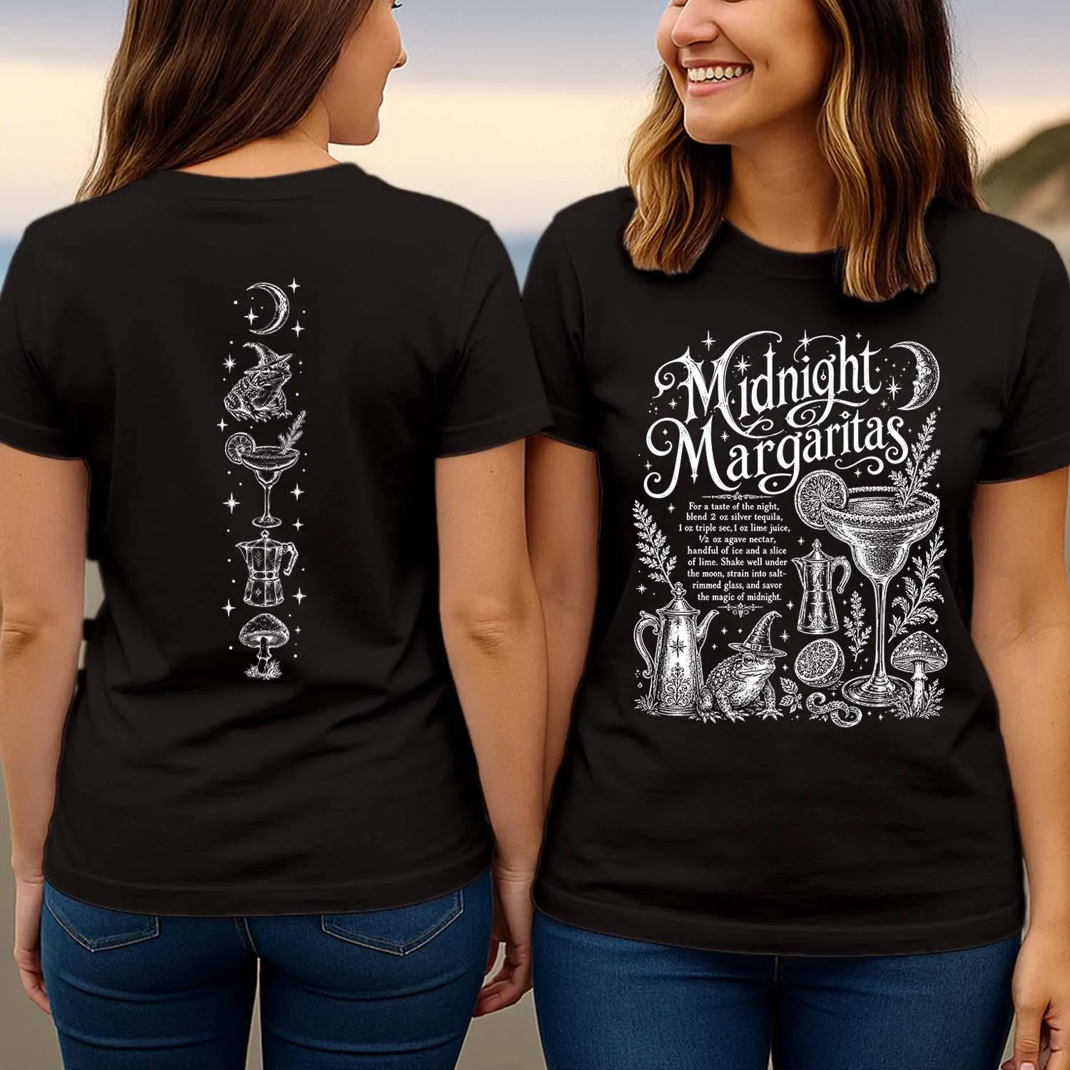 Midnight Margaritas Front Back Print Cocktail Recipe Frog Witch Hat Halloween T-Shirt T-1789-FB