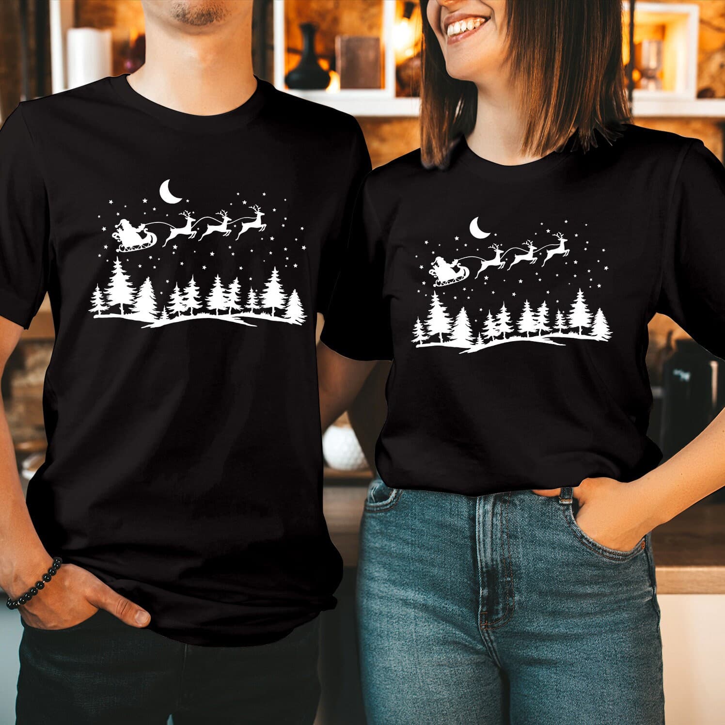 Santa Sleigh Flying Reindeer Christmas Shirt Pines Moon Night Xmas Holiday T-SHIRT T-5036