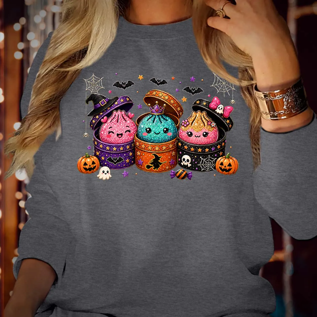 Kawaii Halloween Dumpling Glitter Dim Sum Witch Hat Spooky Jumper SWEATSHIRT S-1753 - image 4