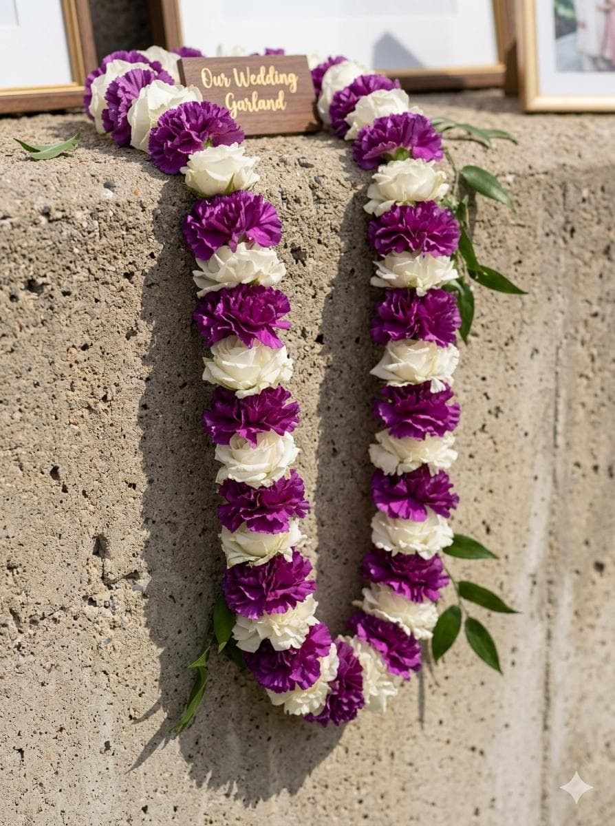 Fresh purple carnation and white rose wedding garland, handcrafted Jaimala Varmala for Indian wedding ceremony, made to order in USA