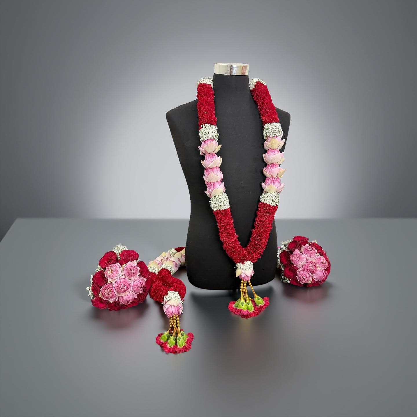 Pair of Red Carnation Lotus Varmala & Matching Bridal Hand Bouquet - image 3