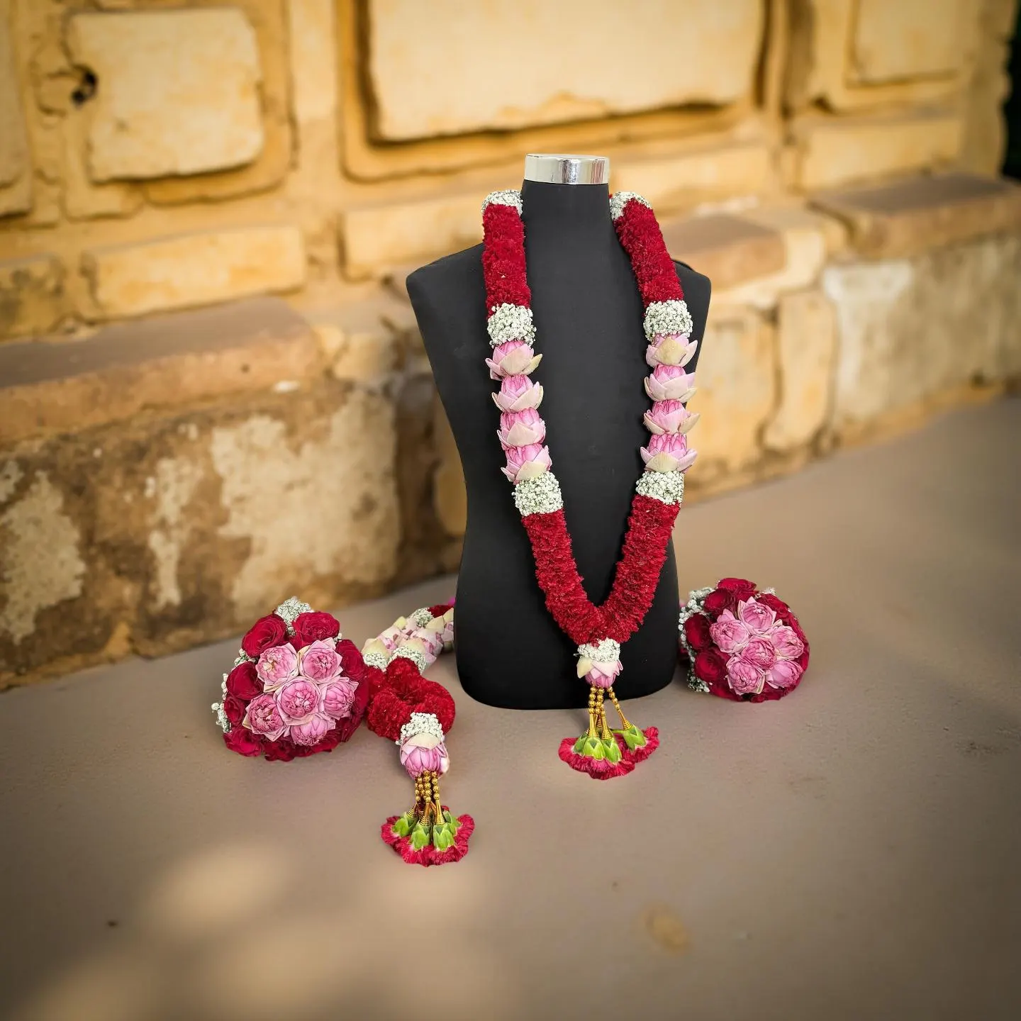 Pair of Red Carnation Lotus Varmala & Matching Bridal Hand Bouquet - image 4