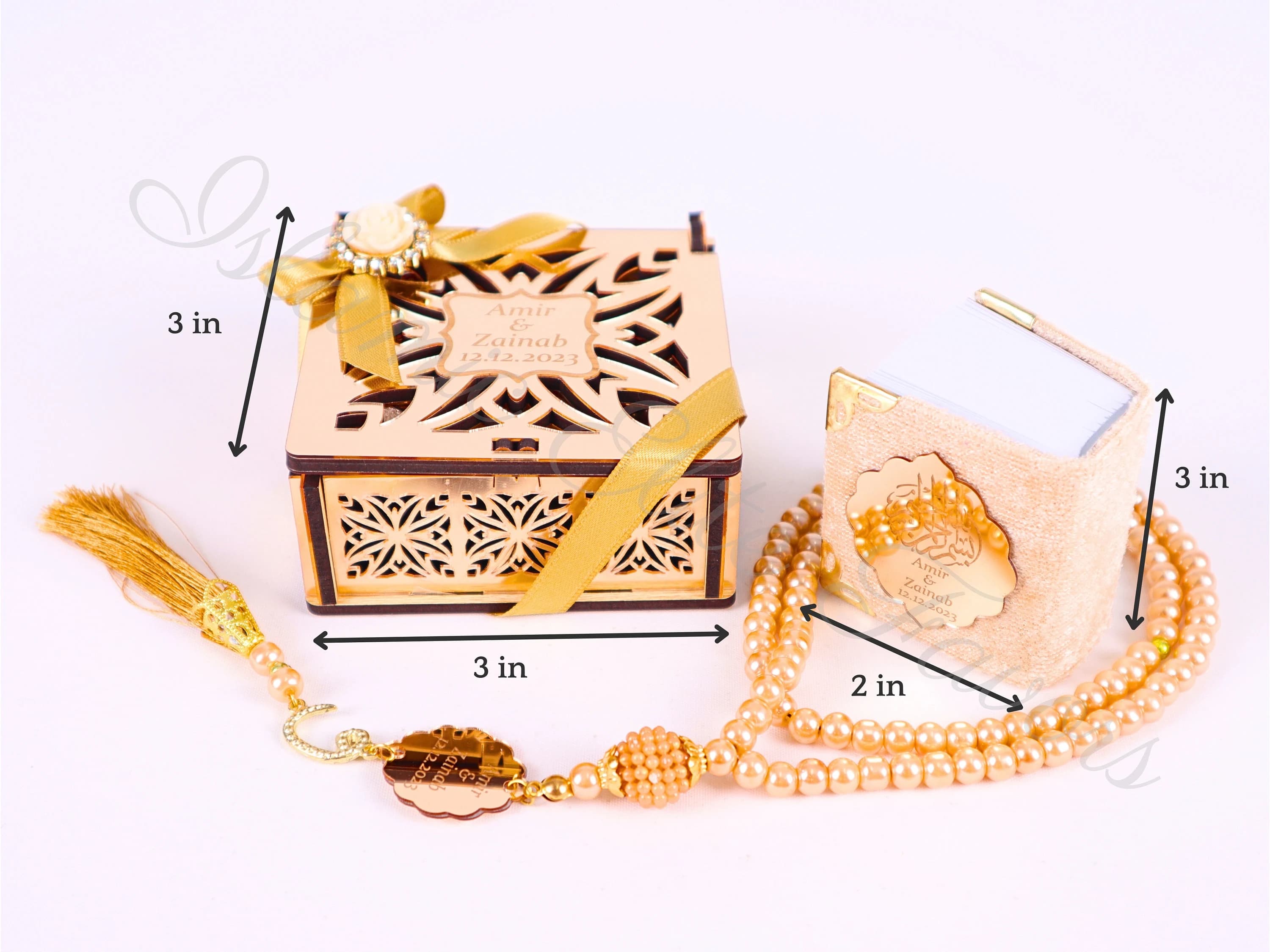 Personalized Mini Quran Tasbeeh Set in Wood Box with Gold Mirror | Ramadan Eid Wedding Birthday Baby Shower Islamic Muslim Party Favors