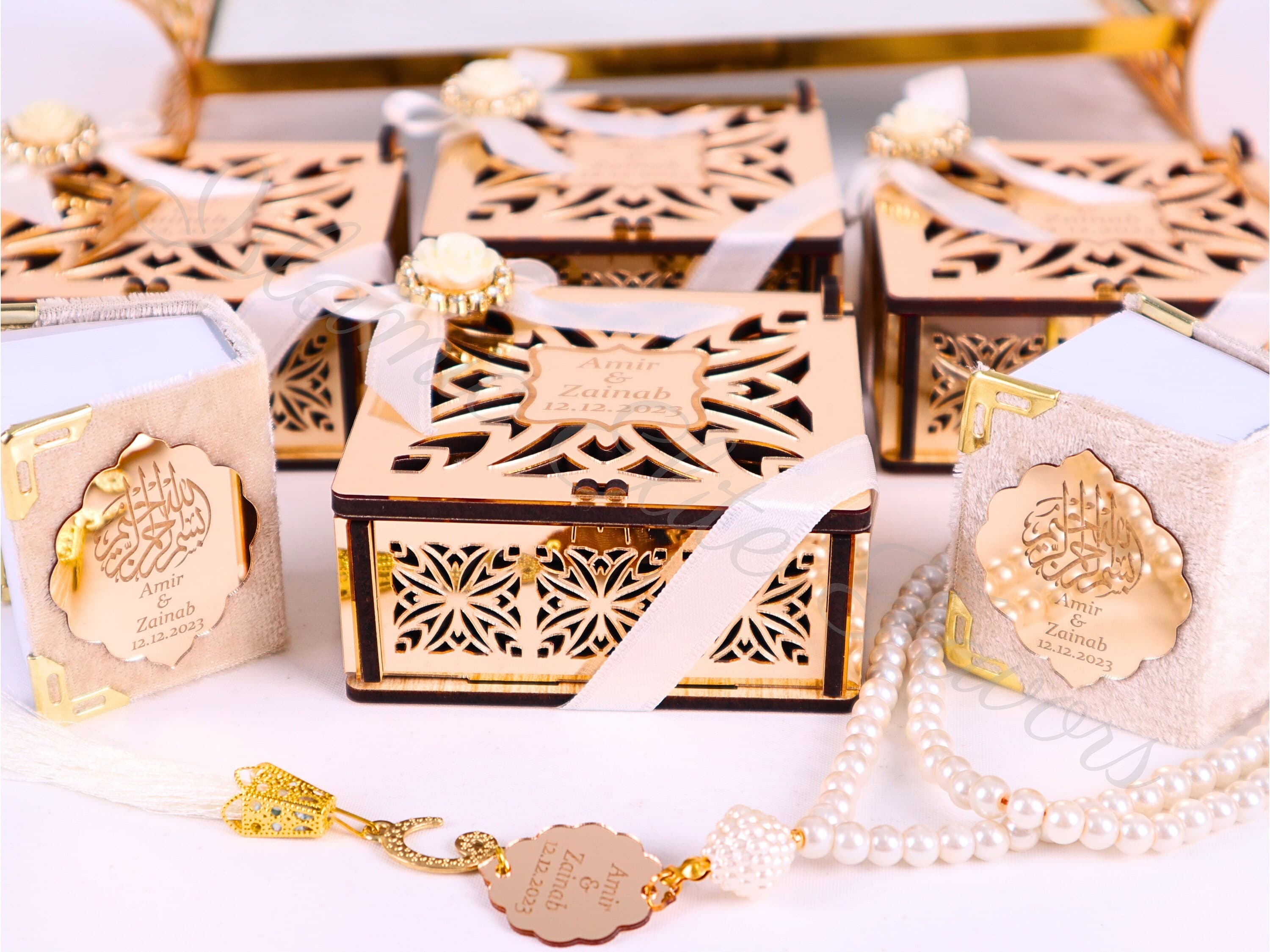 Personalized Mini Quran Tasbeeh Set in Wood Box with Gold Mirror | Ramadan Eid Wedding Birthday Baby Shower Islamic Muslim Party Favors - image 4