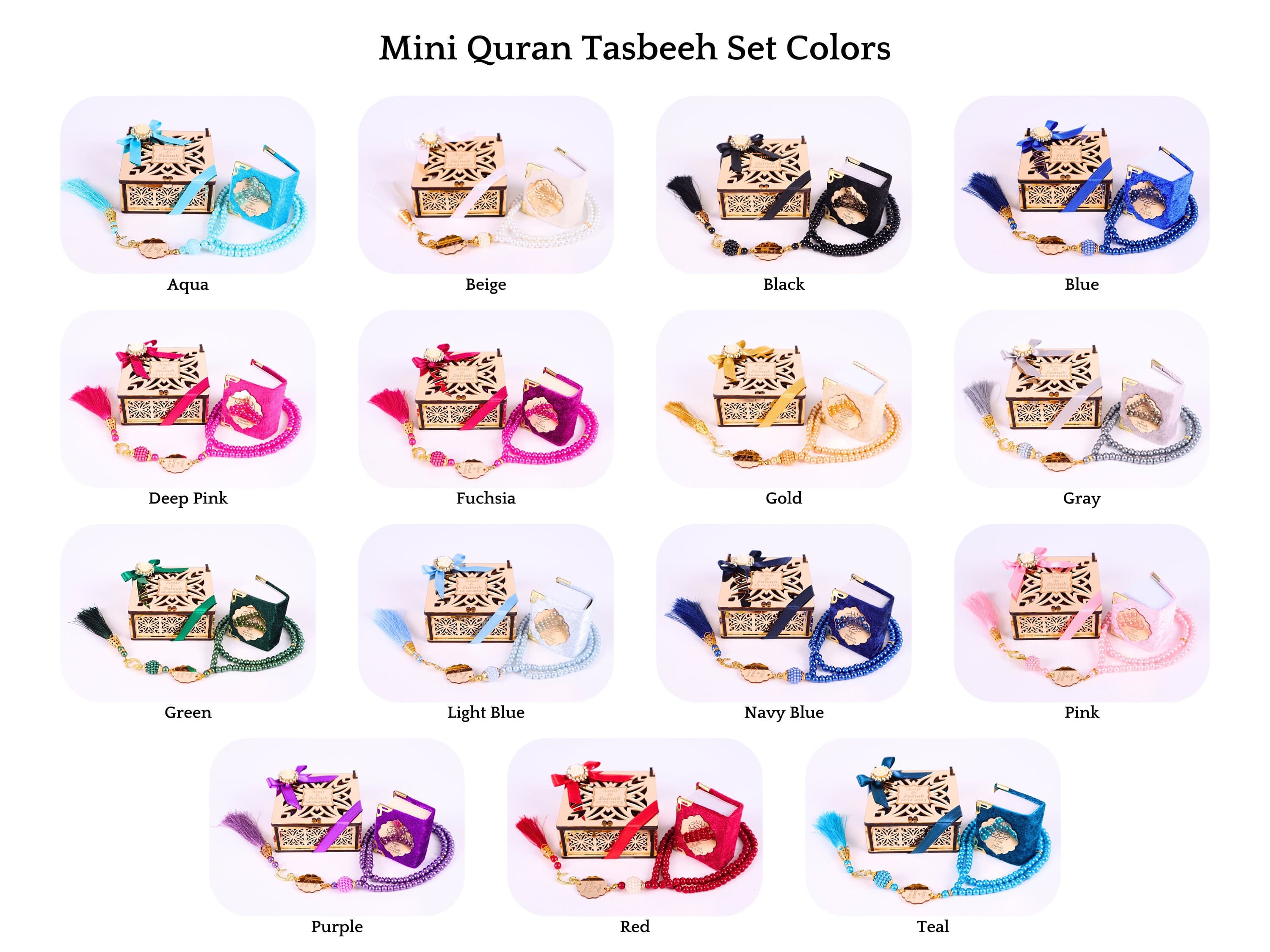 Personalized Mini Quran Tasbeeh Set in Wood Box with Gold Mirror | Ramadan Eid Wedding Birthday Baby Shower Islamic Muslim Party Favors - image 5