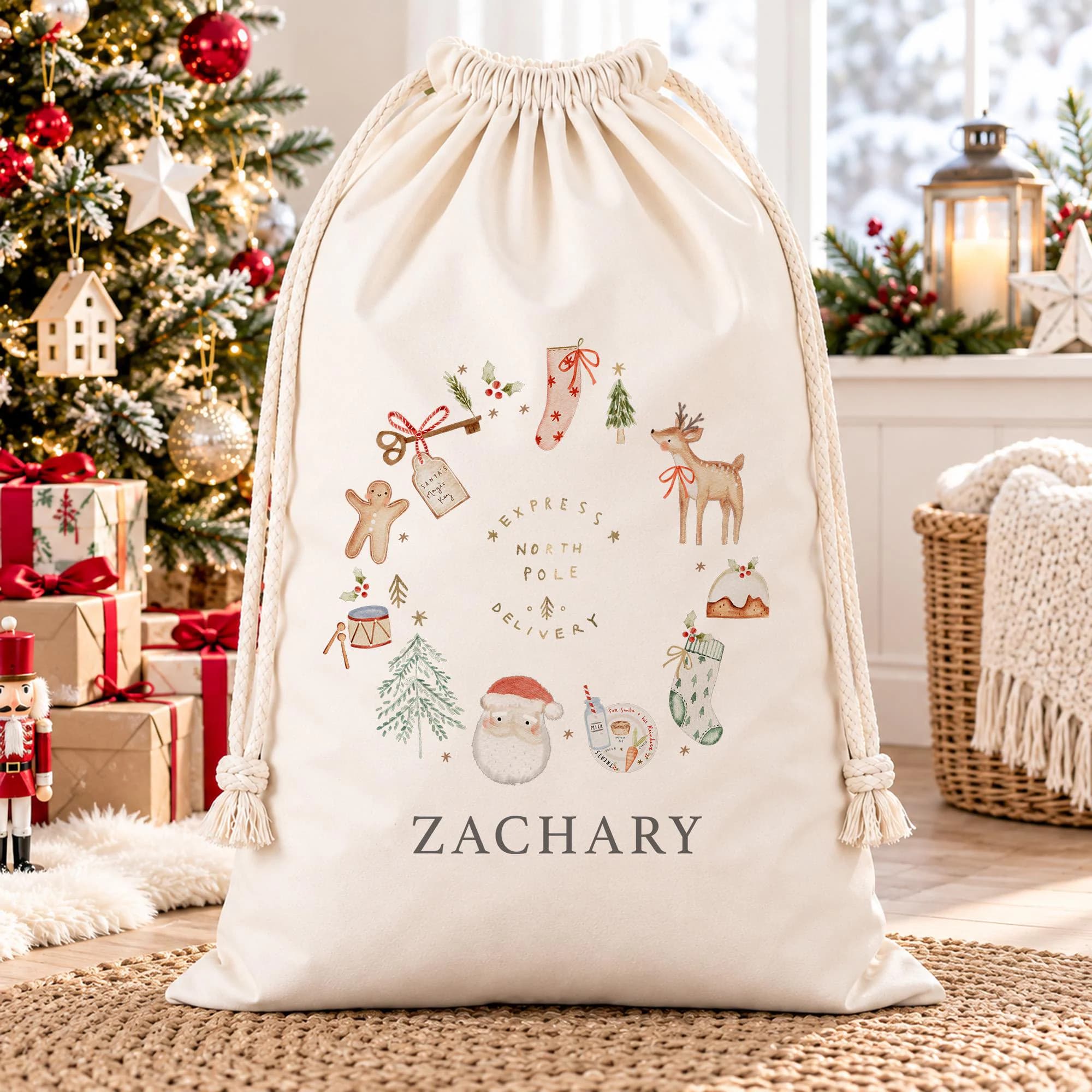 Personalised Christmas Present Sack with Name, Kids Cotton Santa Bag, North Pole Express Wreath