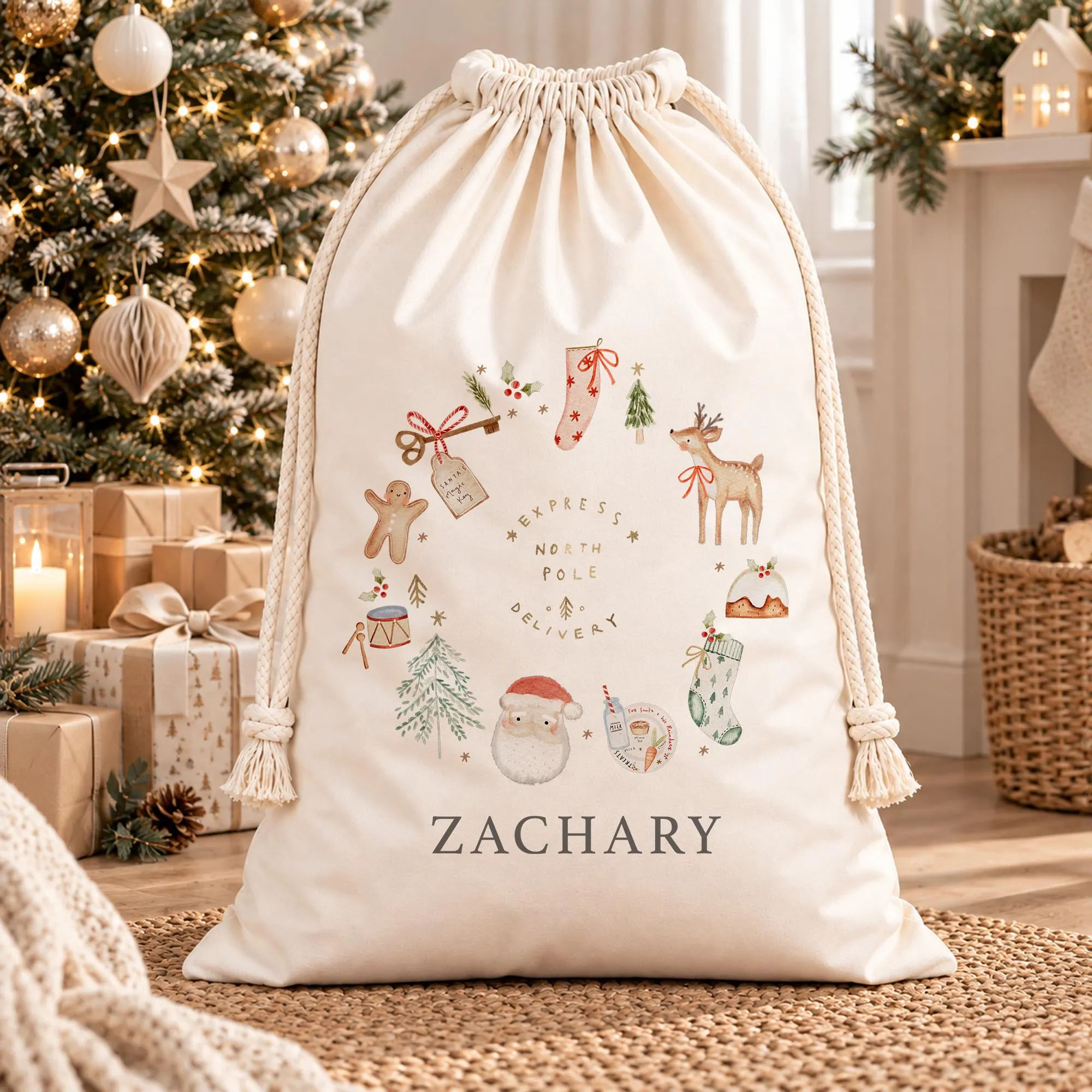 Personalised kids Christmas present sack in cream cotton with a North Pole wreath and the name ZACHARY, beside wrapped presents and a Christmas tree