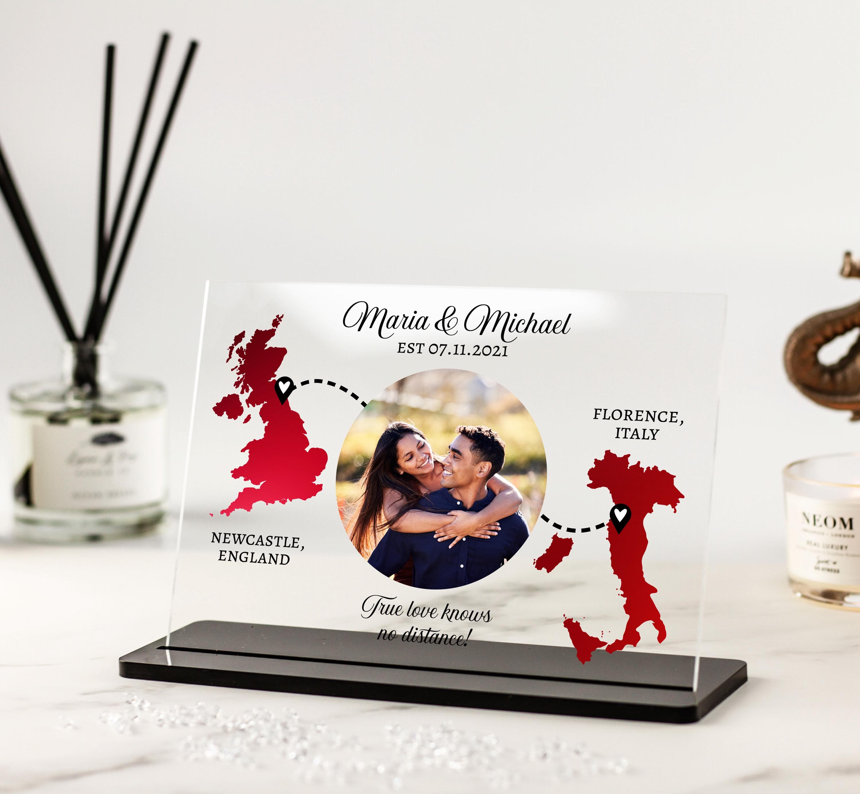 Long Distance Boyfriend Gift, Girlfriend Gifts, Personalised Country Map Prints with Photo, Relationship Present, Keepsake Plaque