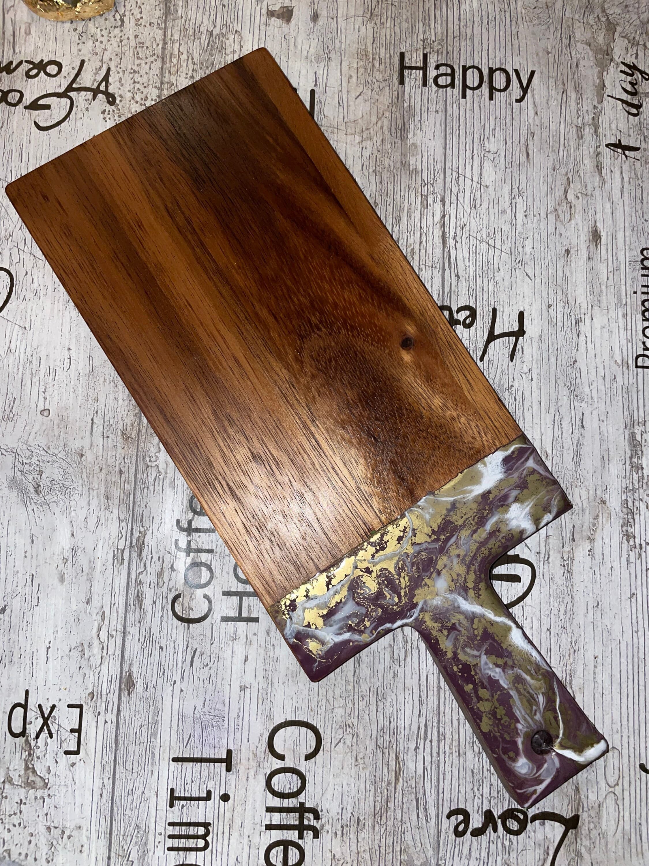 Resin Charcuterie Board: Purple, White & Gold Acacia Paddle - image 5
