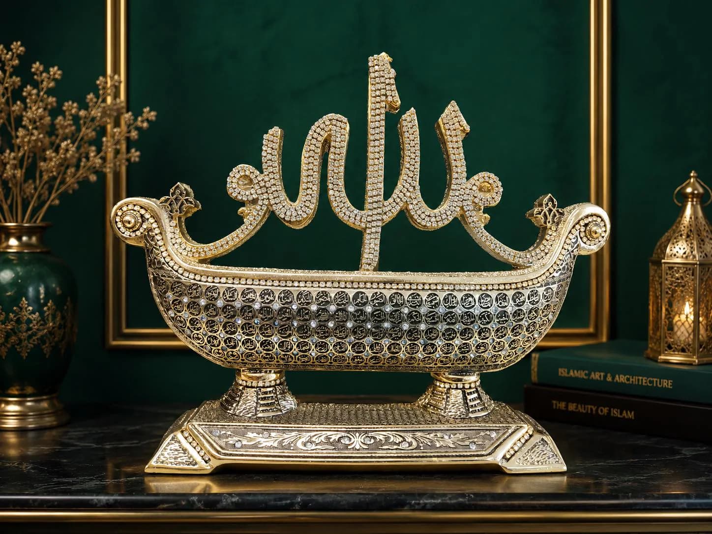 99 Names of Allah Ship Figurine, Asma Ul Husna, Gold Silver Islamic Table Decor