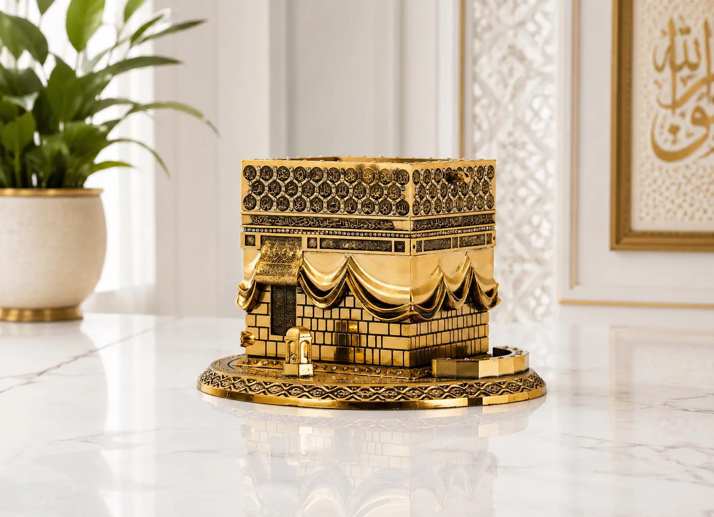 Gold Kaaba Replica Decoration | Islamic Calligraphy Table Ornament