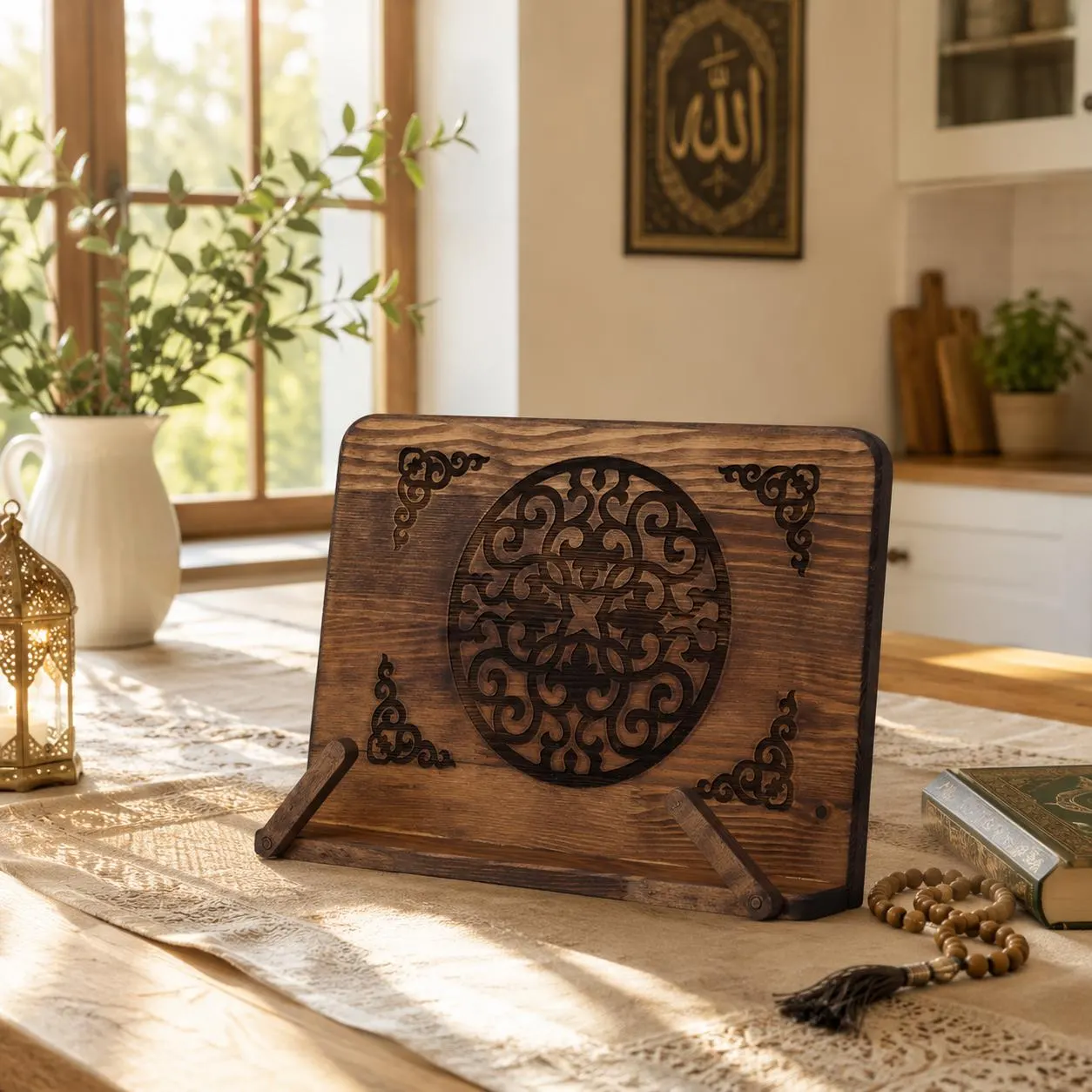 Handmade Wooden Quran Stand Rehal | Foldable Islamic Book Holder, Laser-Cut Decor