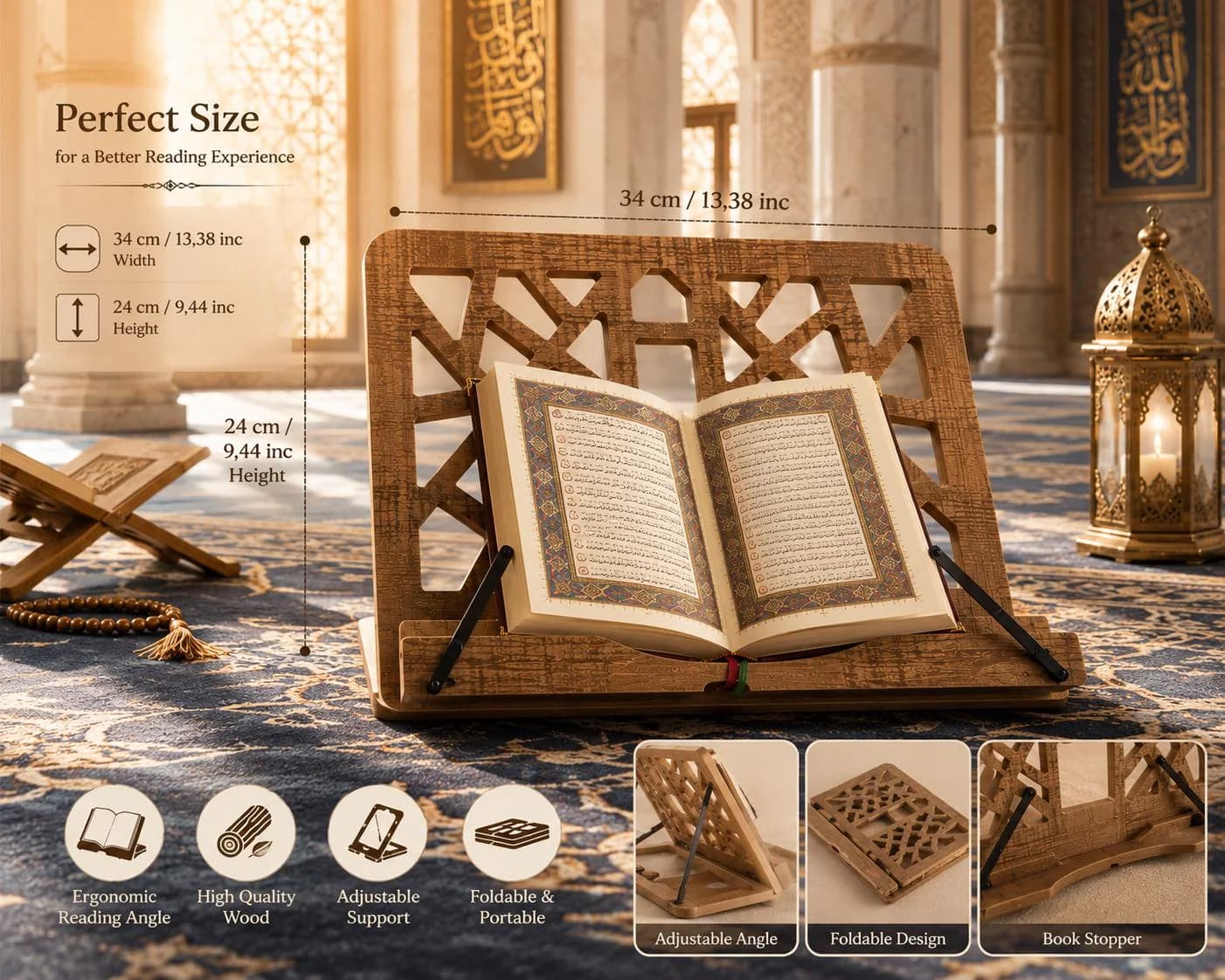 Adjustable Wooden Quran Stand | Foldable Rehal, Islamic Home Decor