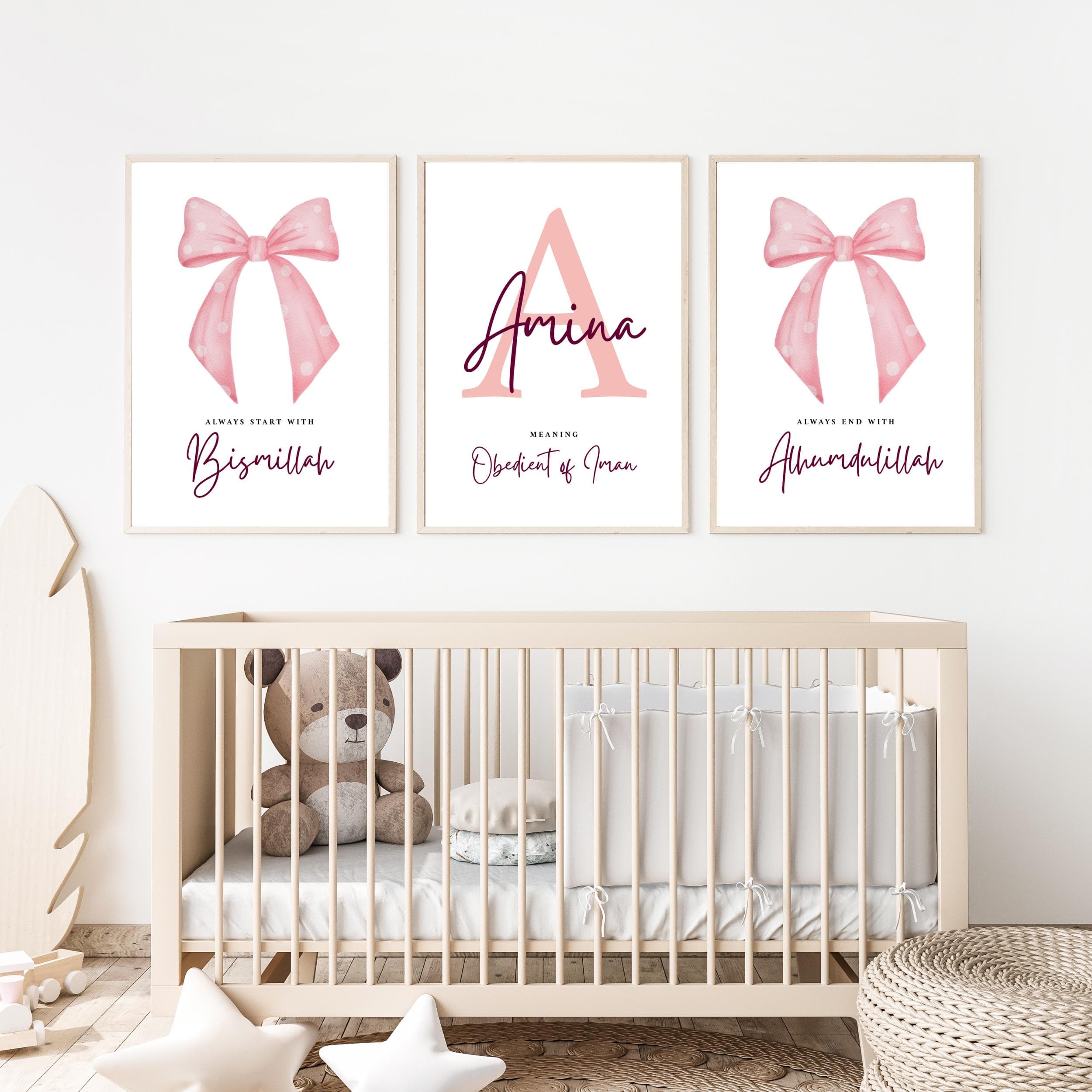 Personalized Pink Bow Nursery Print Set, Islamic Wall Art (Digital Download) - image 5