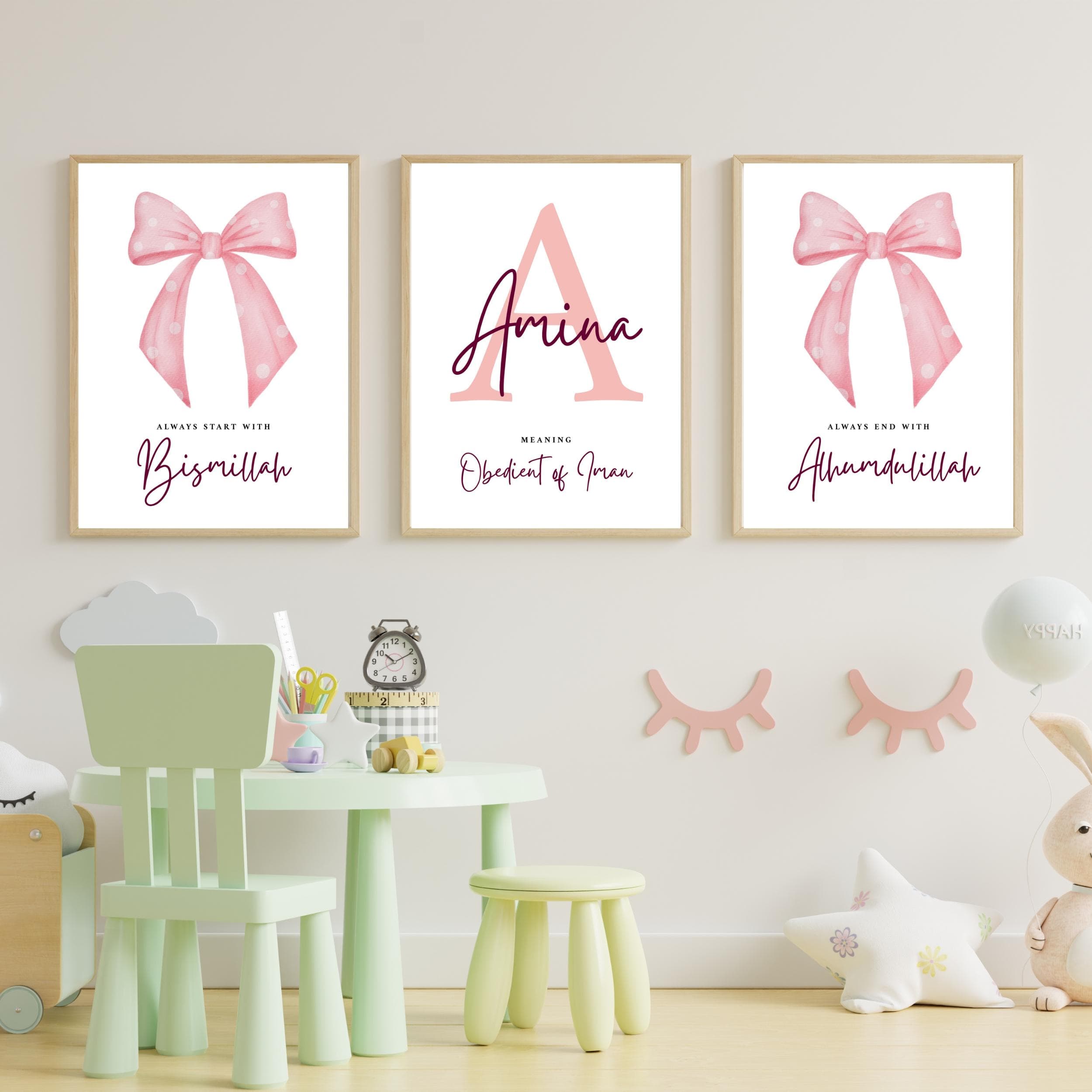 Personalized Pink Bow Nursery Print Set, Islamic Wall Art (Digital Download)