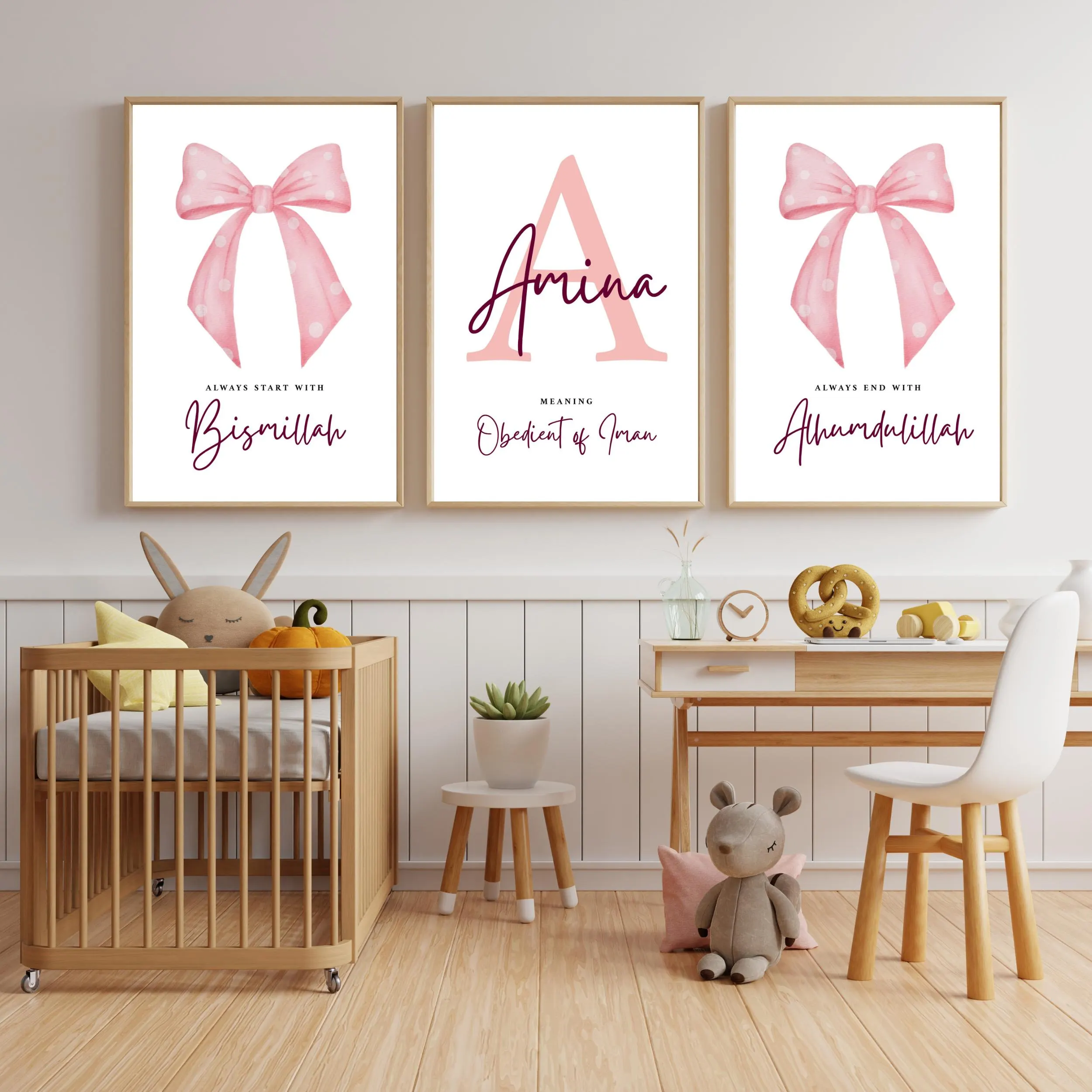 Personalized Pink Bow Nursery Print Set, Islamic Wall Art (Digital Download) - image 3