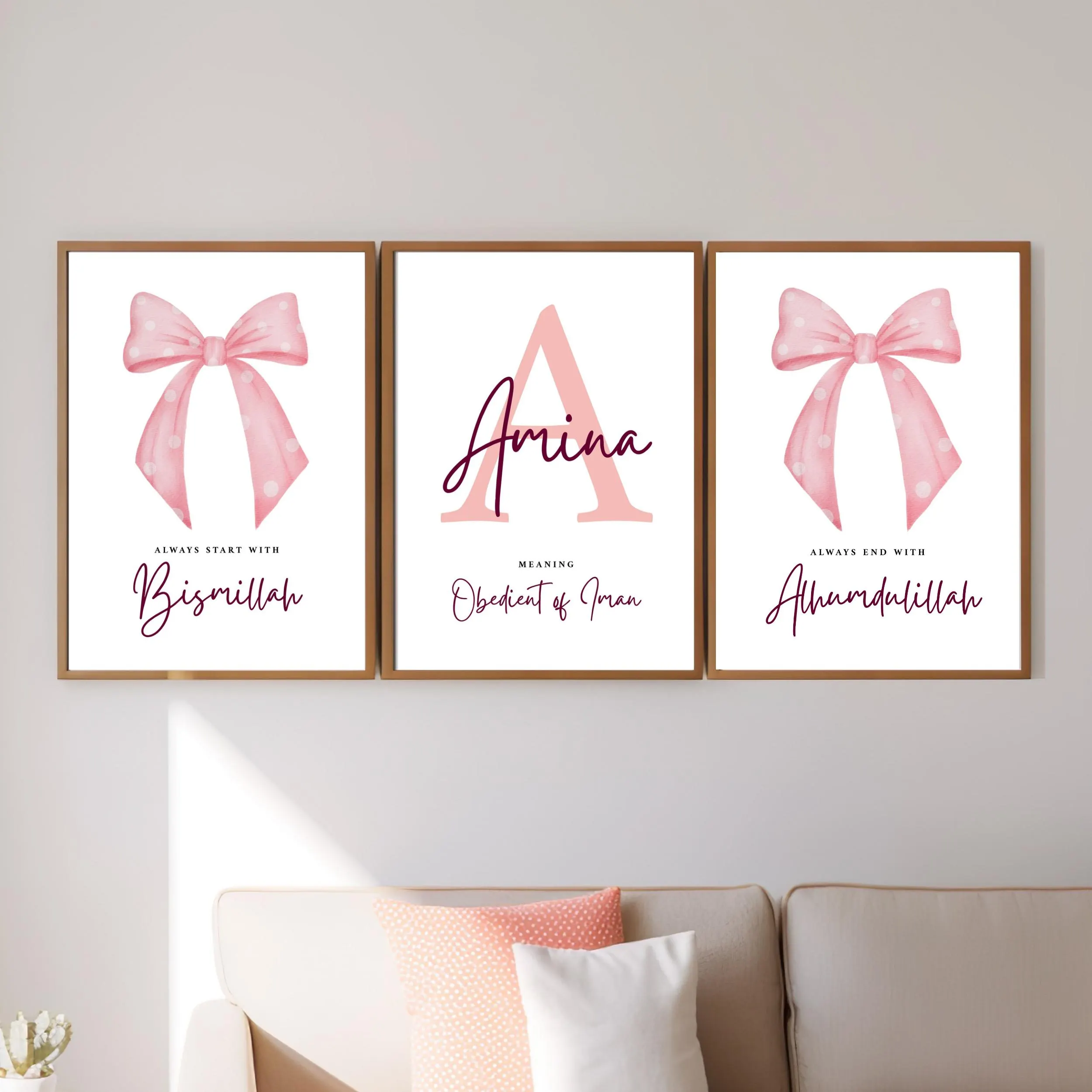 Personalized Pink Bow Nursery Print Set, Islamic Wall Art (Digital Download) - image 2
