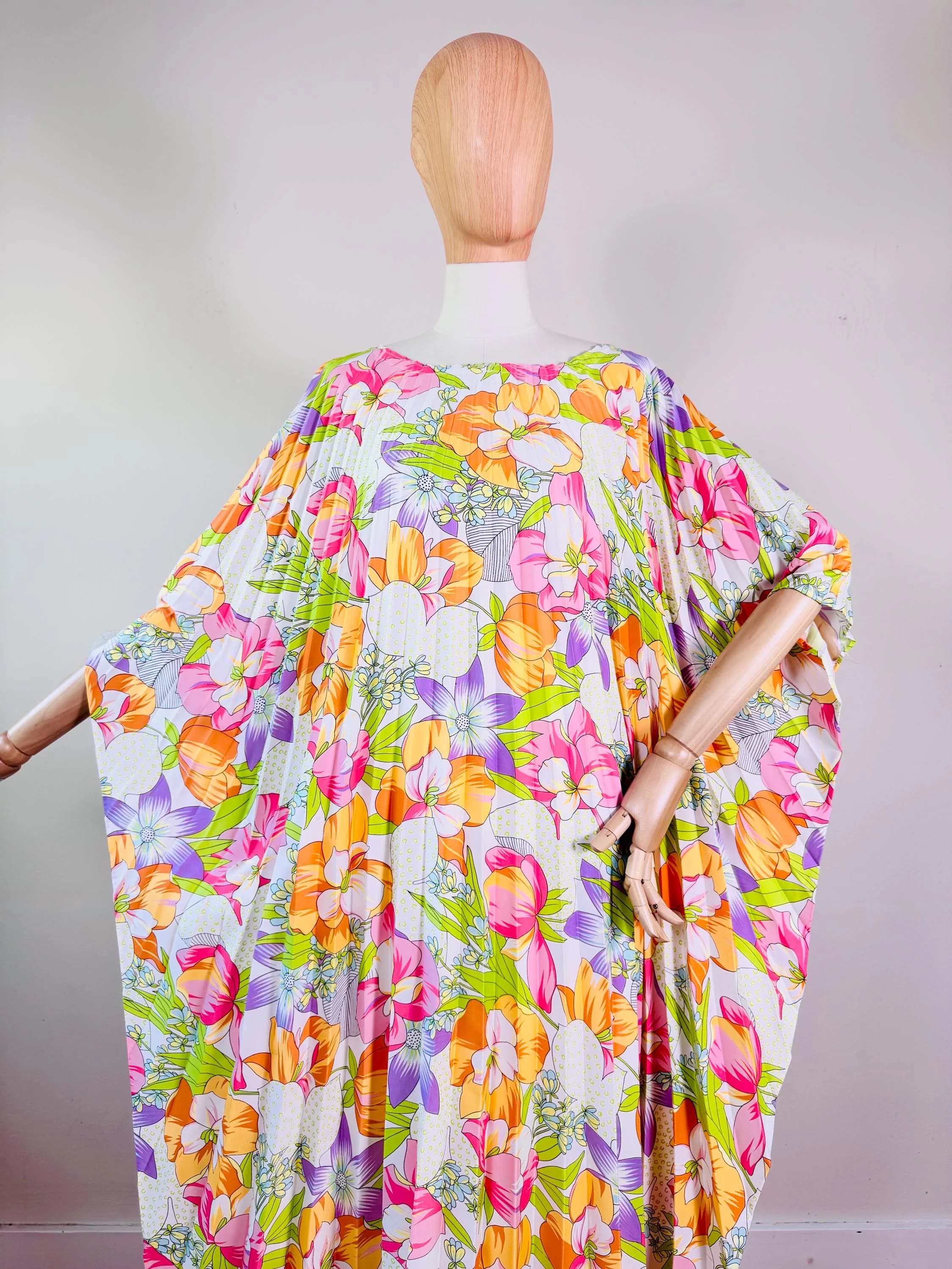 Vintage 60s Hawaiian accordion pleated caftan ~ psychedelic floral print ~ tropical tiki maxi dress ~ kaftan ~ colorful day glo ~ S M L