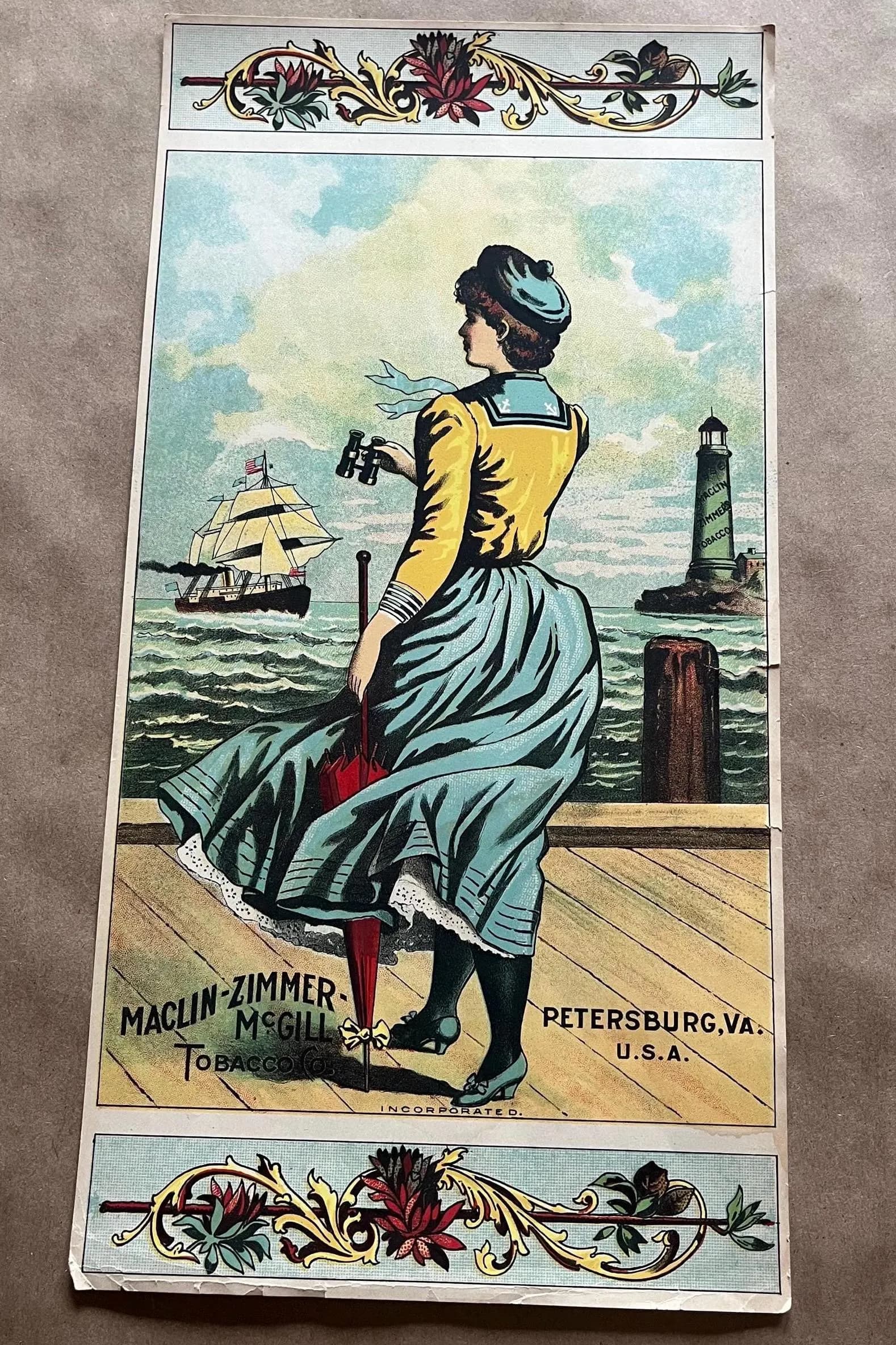 A Hoen Lithograph Tobacco Crate Label Maclin Zimmer McGill Petersburg VA Edwardian Woman
