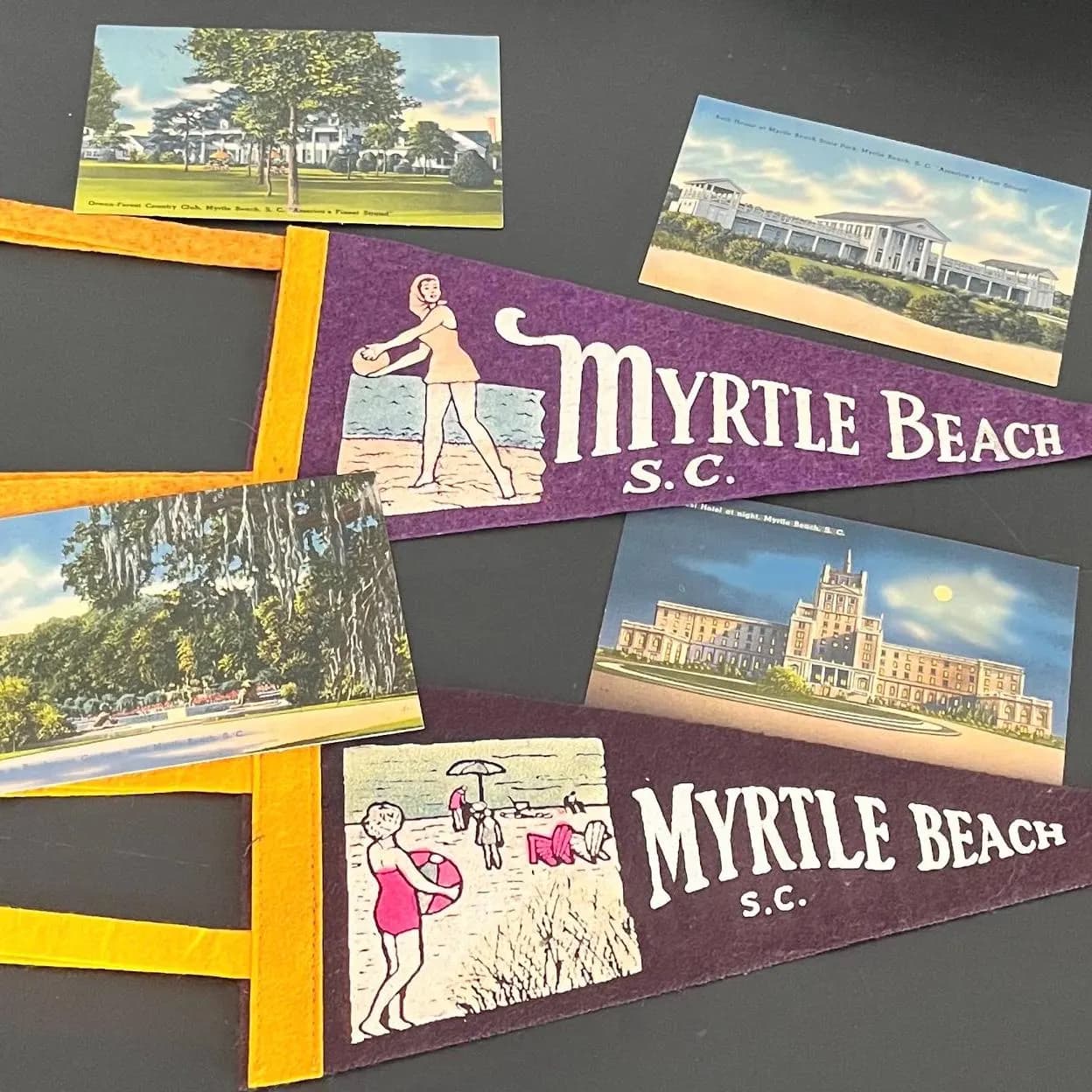 1950’s Myrtle Beach Memorabilia Group 2 Medium Size Felt Pennants 4 Unused Linen Postcards Bathing Suits Beach Balls America’s Finest Strand