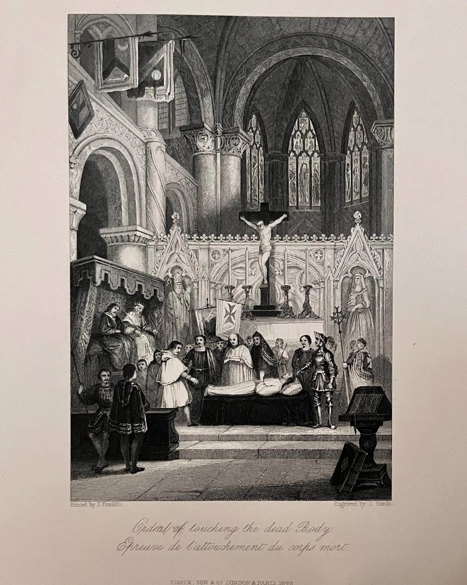 1845 Fisher Son & Co Antique Engraving Ordeal Touching Dead Body Medieval Trial