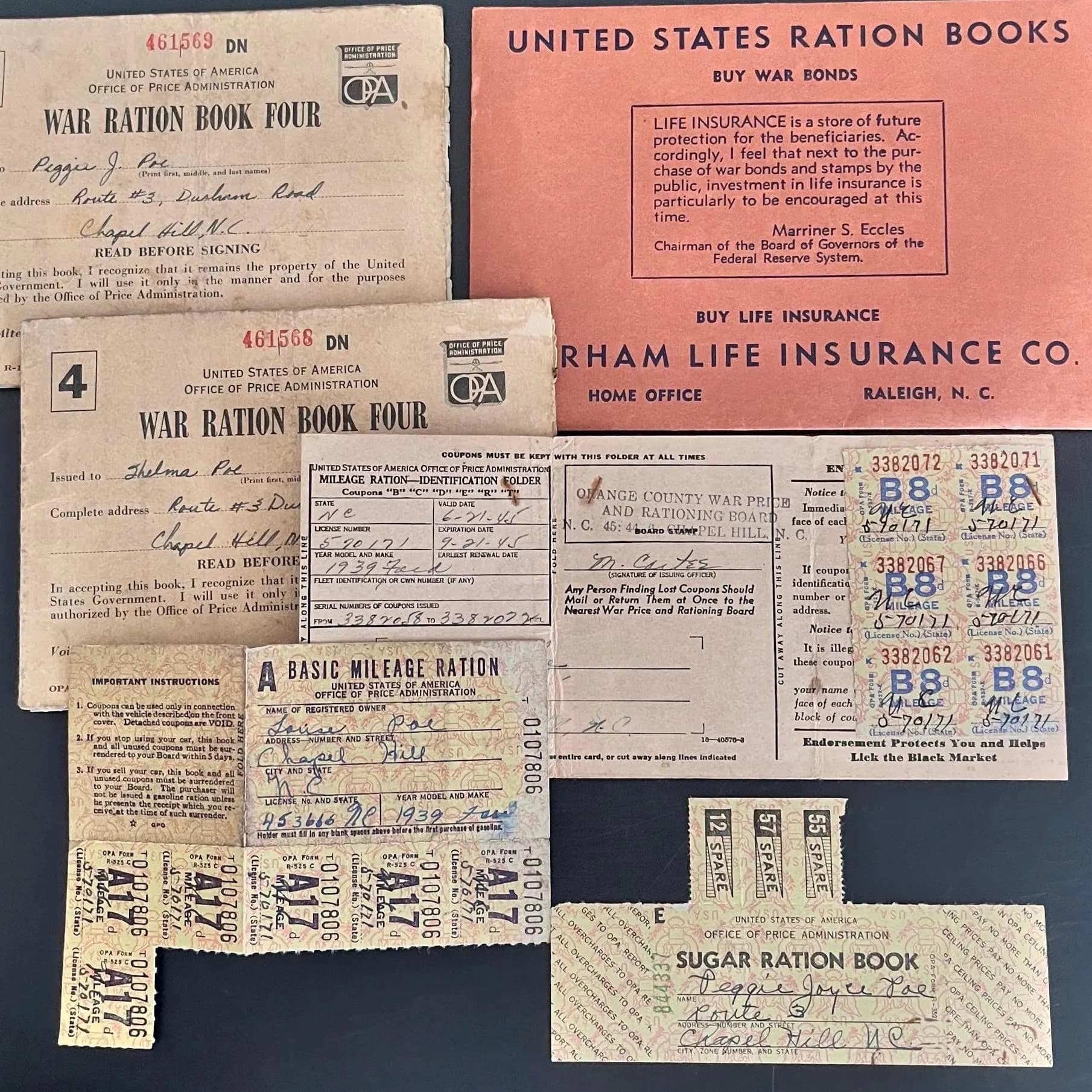WWII Ration Book Group Durham Chapel Hill NC Poe Family War Ration Mileage Card