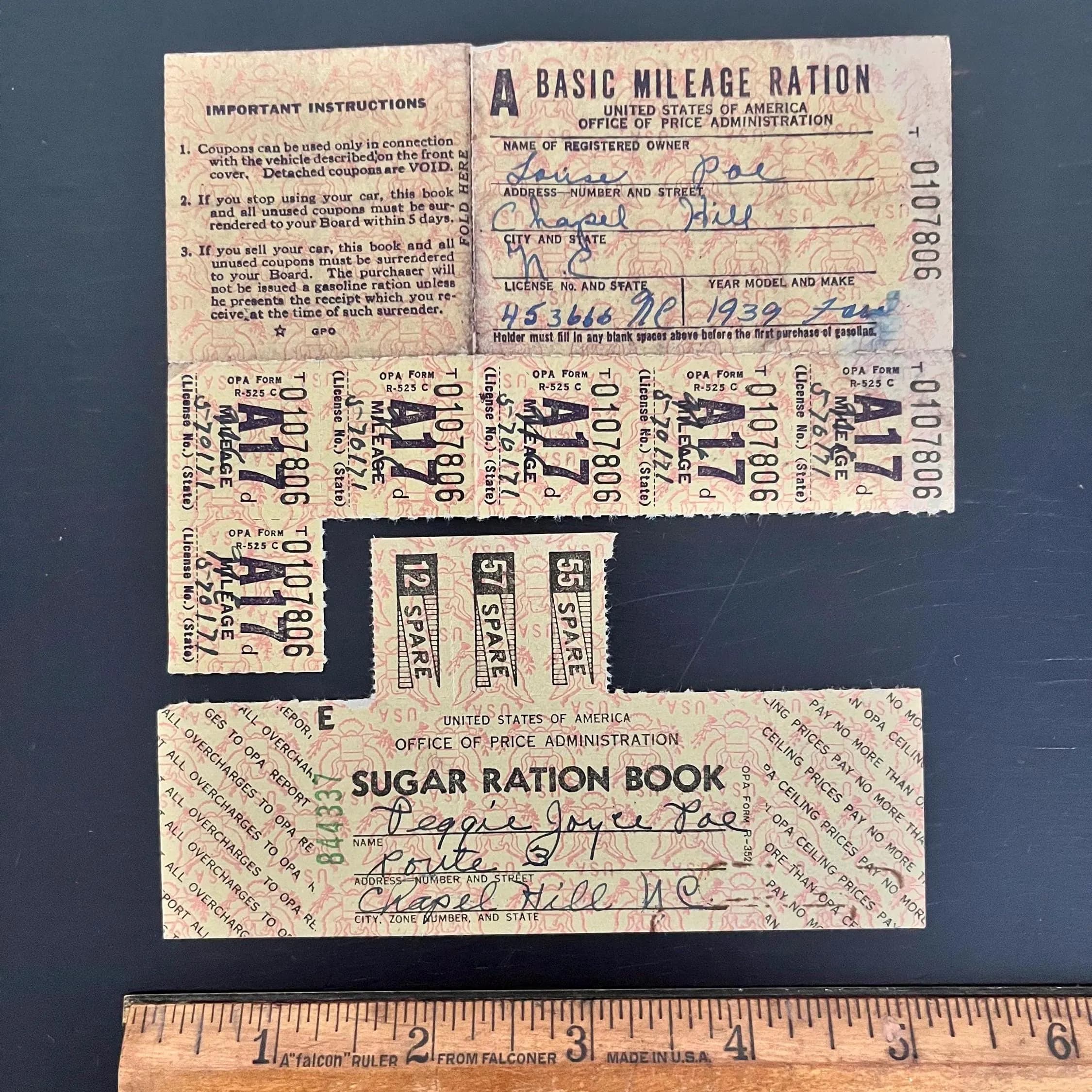 WWII Ration Book Group Durham Chapel Hill NC Poe Family War Ration Mileage Card - image 5