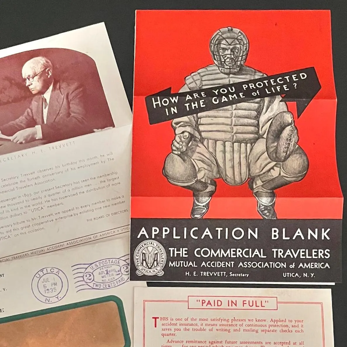 1935 Commercial Travelers Insurance Mailer Baseball Catcher Advertising Utica NY