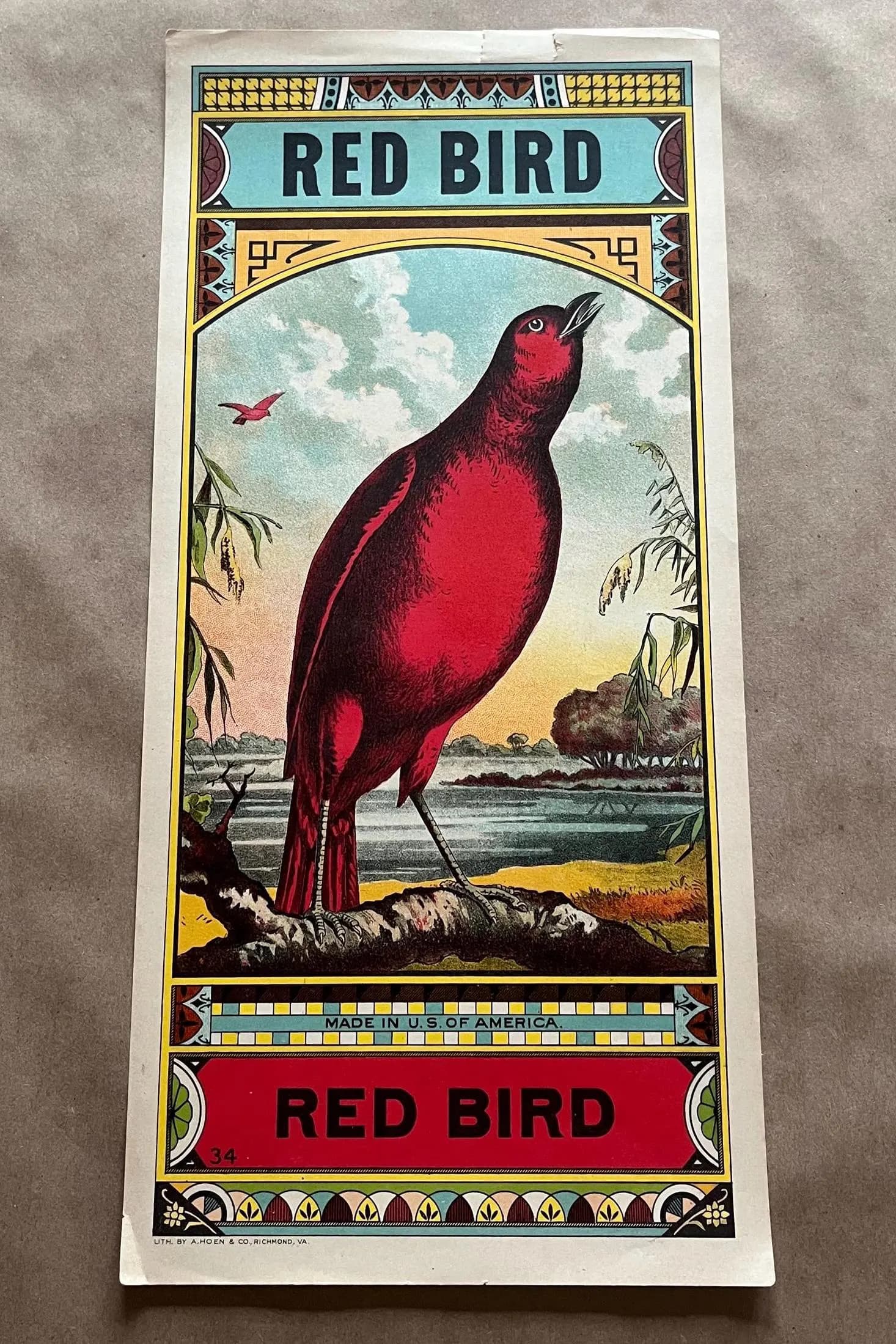 A Hoen & Co Red Bird Lithograph Crate Label Unused Vintage Bird Illustration
