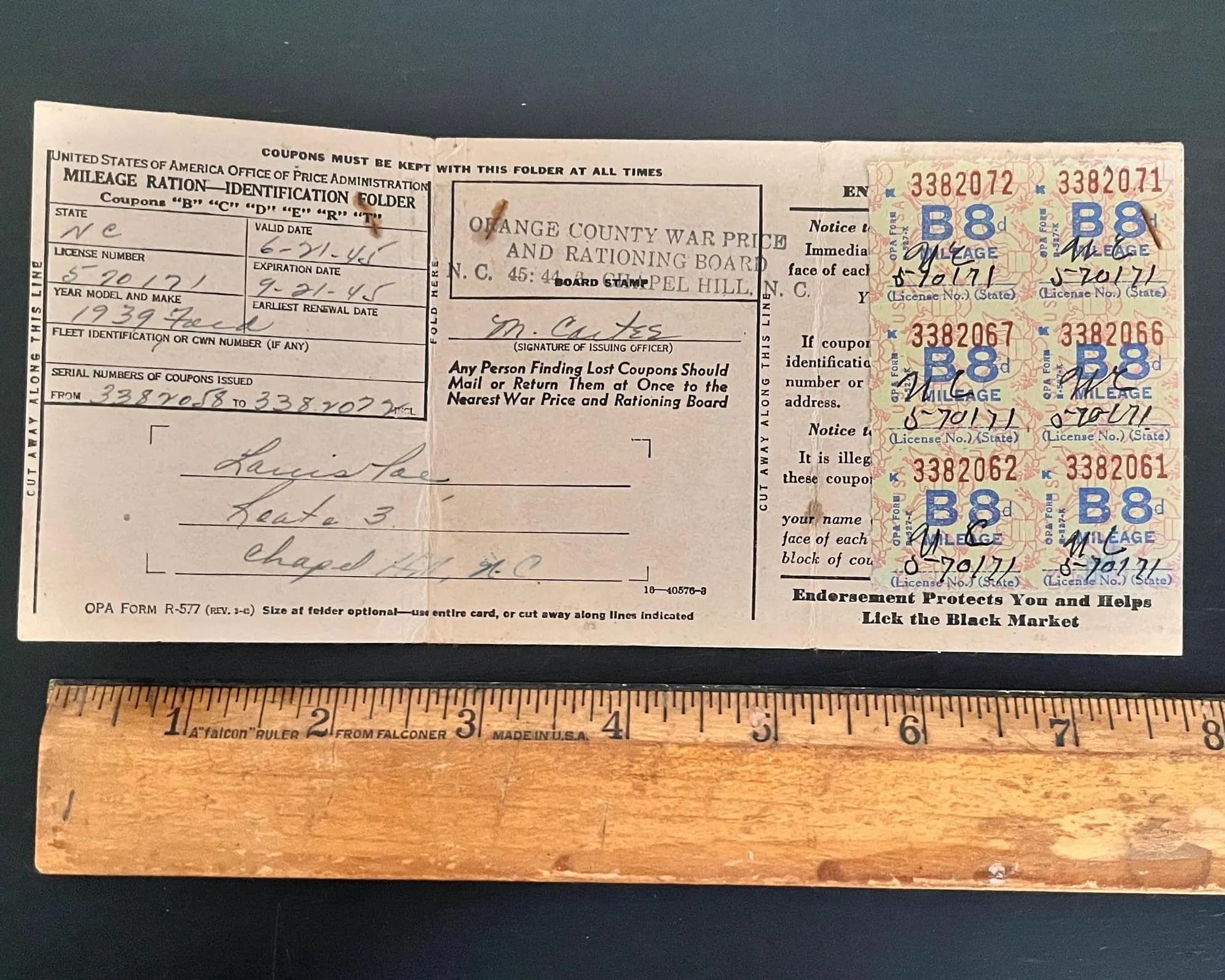 WWII Ration Book Group Durham Chapel Hill NC Poe Family War Ration Mileage Card - image 3