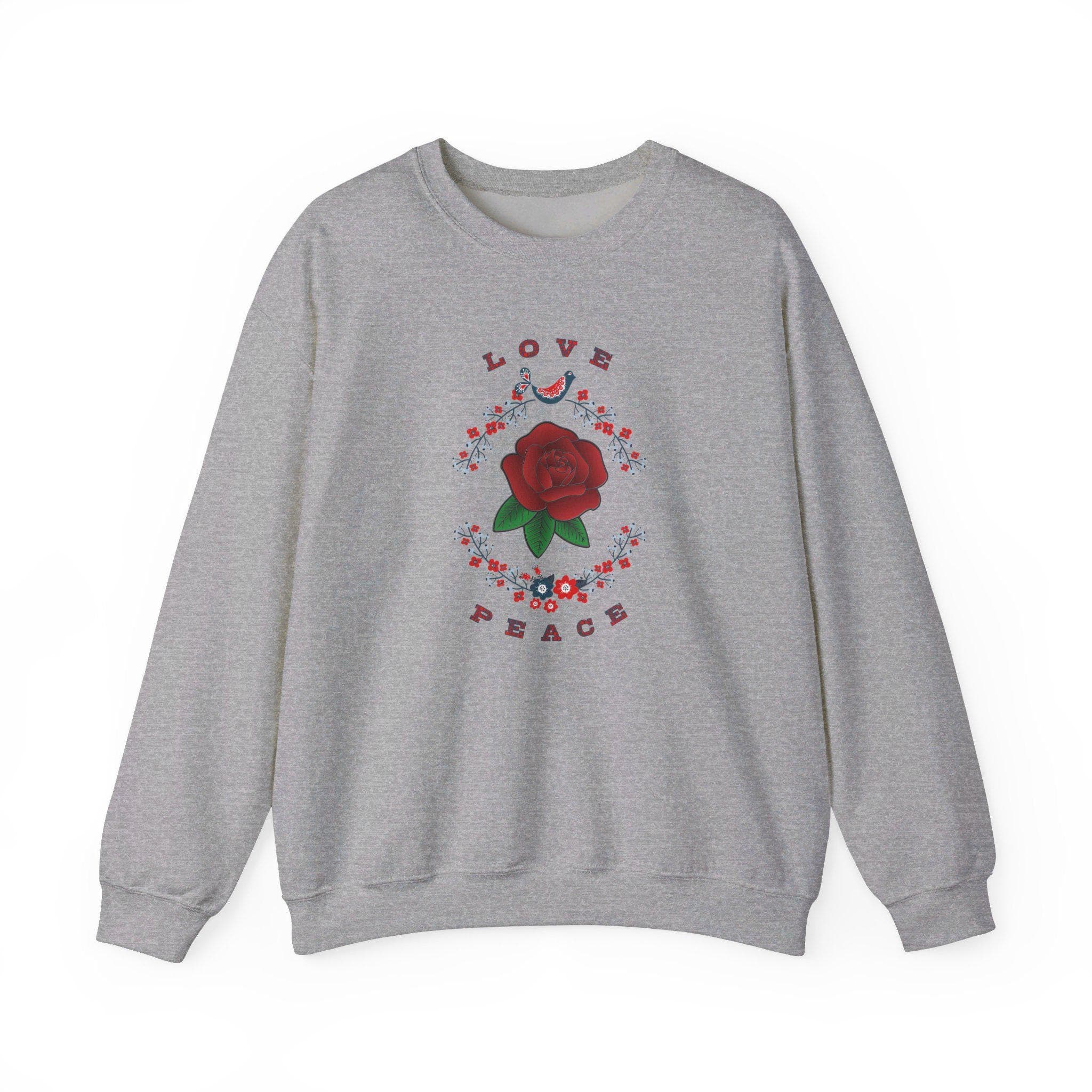 Love and Peace Floral  Crewneck Sweatshirt - Red Rose Center Design - image 5