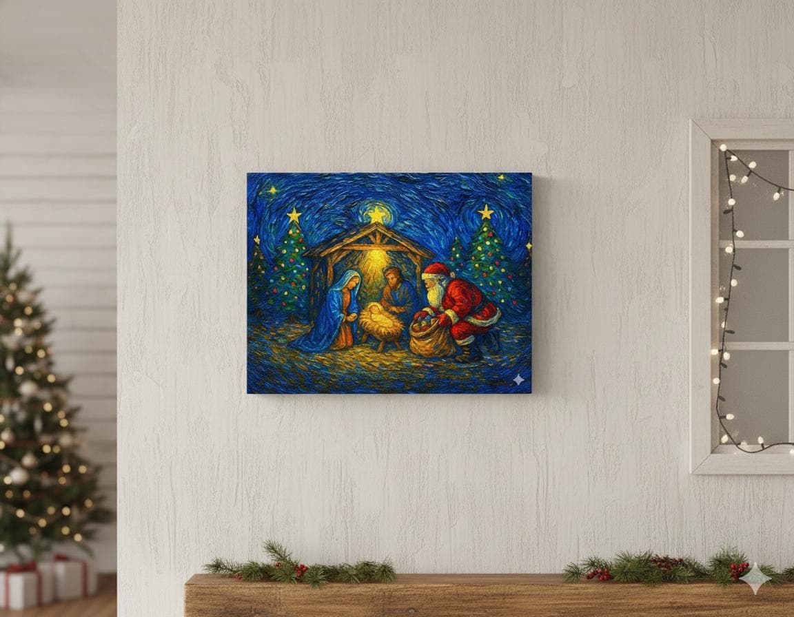 Santa at Nativity Scene Print | Christian Christmas Art (Digital Download) - image 4